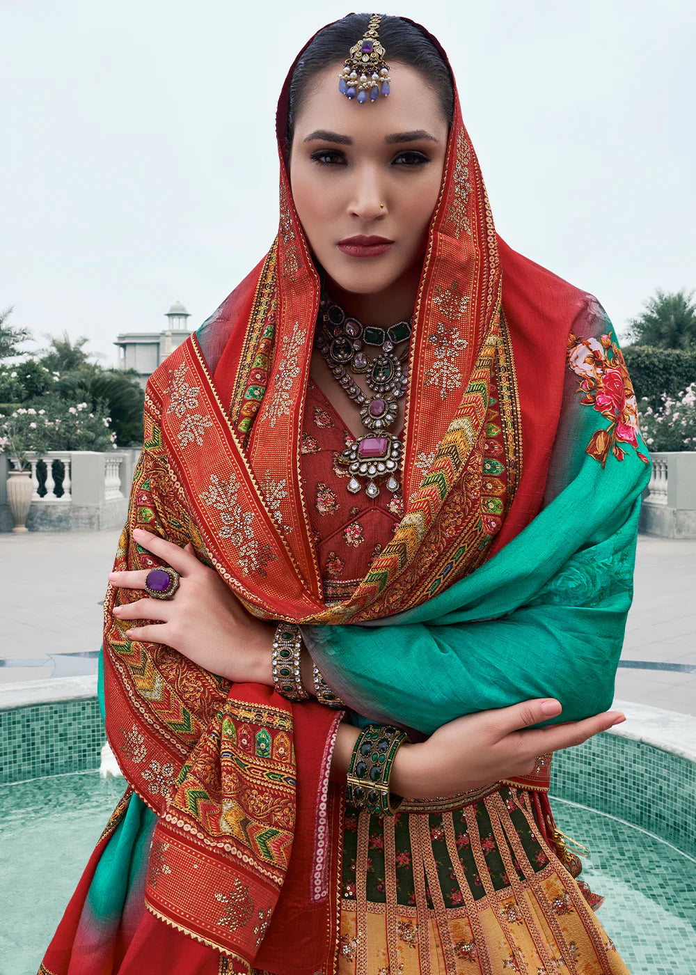 Maroon & Mint Green Banarasi Silk Lehenga Choli