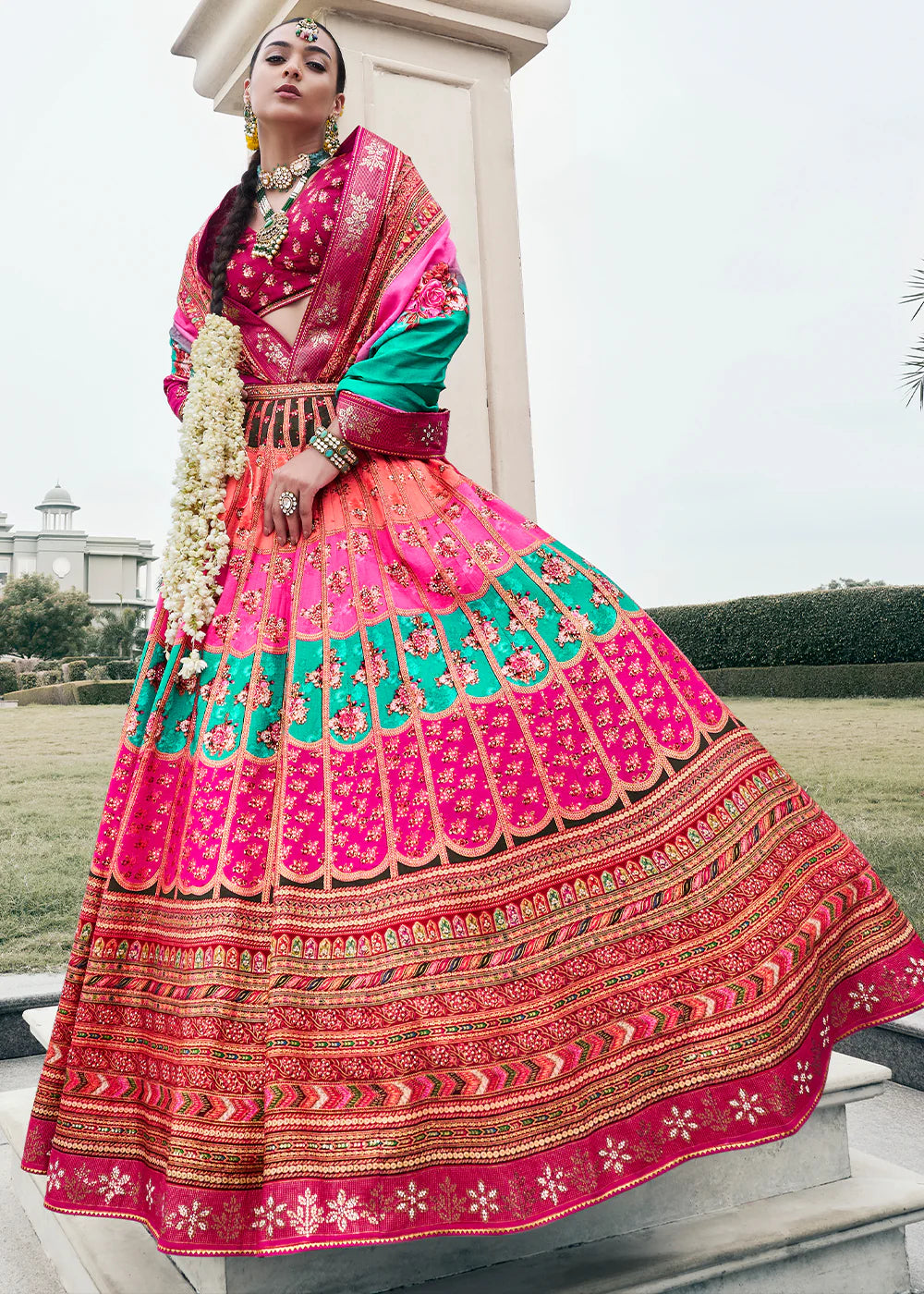 Rani Pink & Emerald Green Banarasi Silk Lehenga Choli