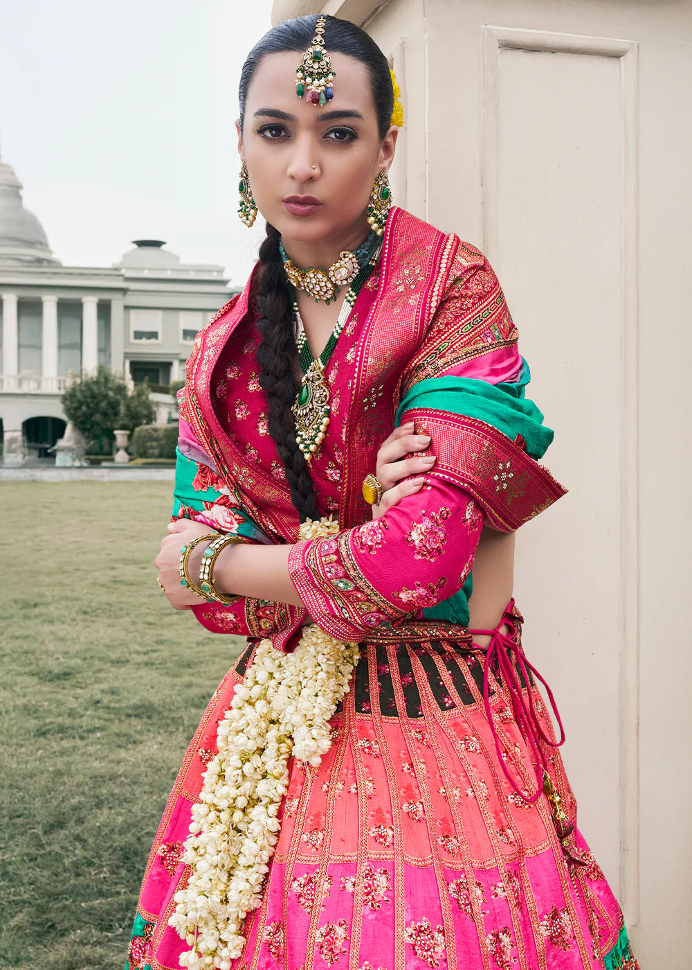 Rani Pink & Emerald Green Banarasi Silk Lehenga Choli