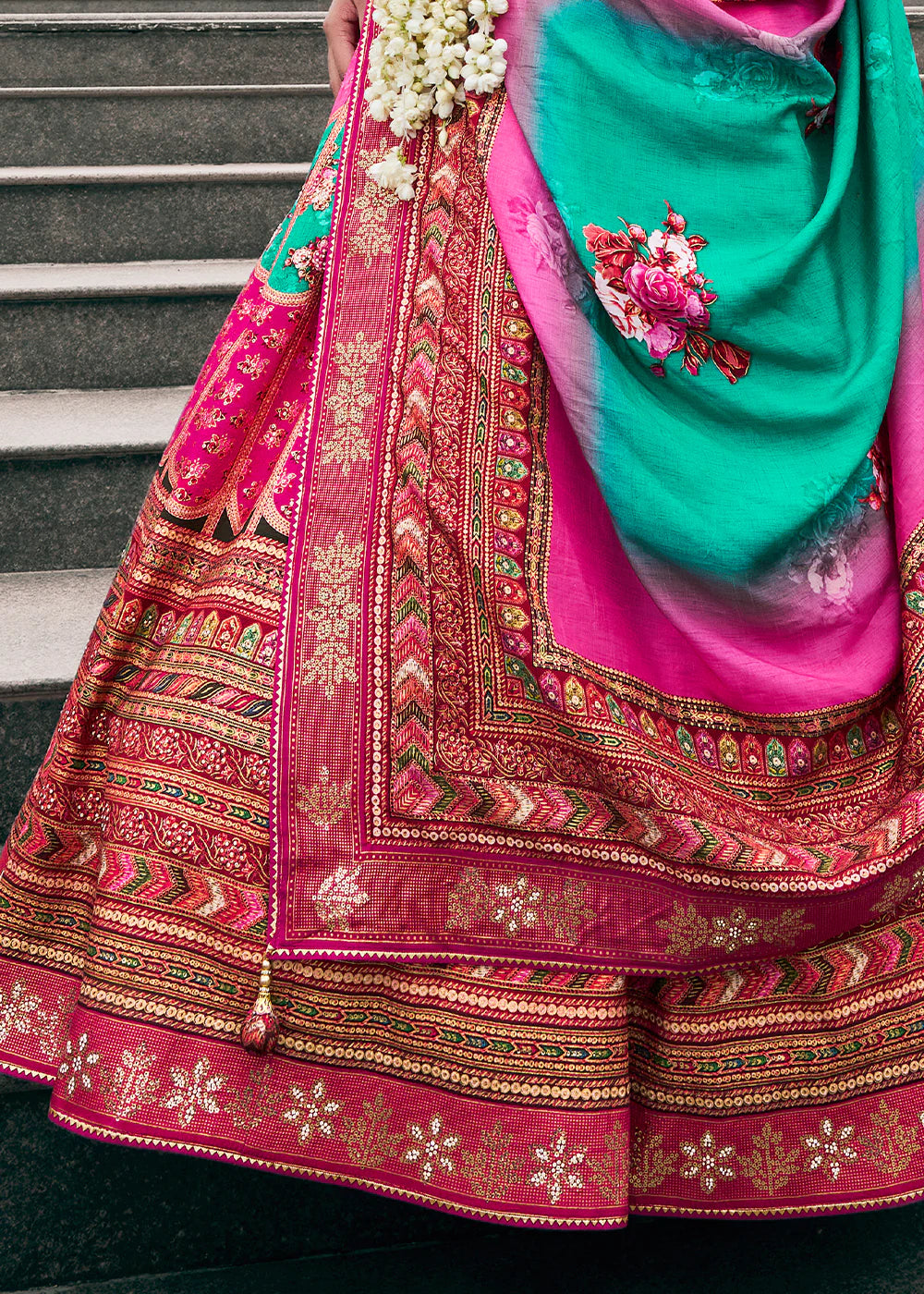 Rani Pink & Emerald Green Banarasi Silk Lehenga Choli