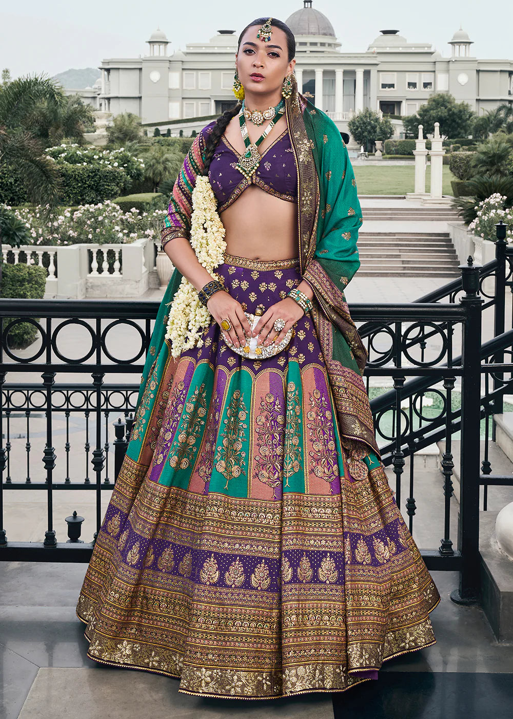 Purple & Teal Green Banarasi Silk Lehenga Choli