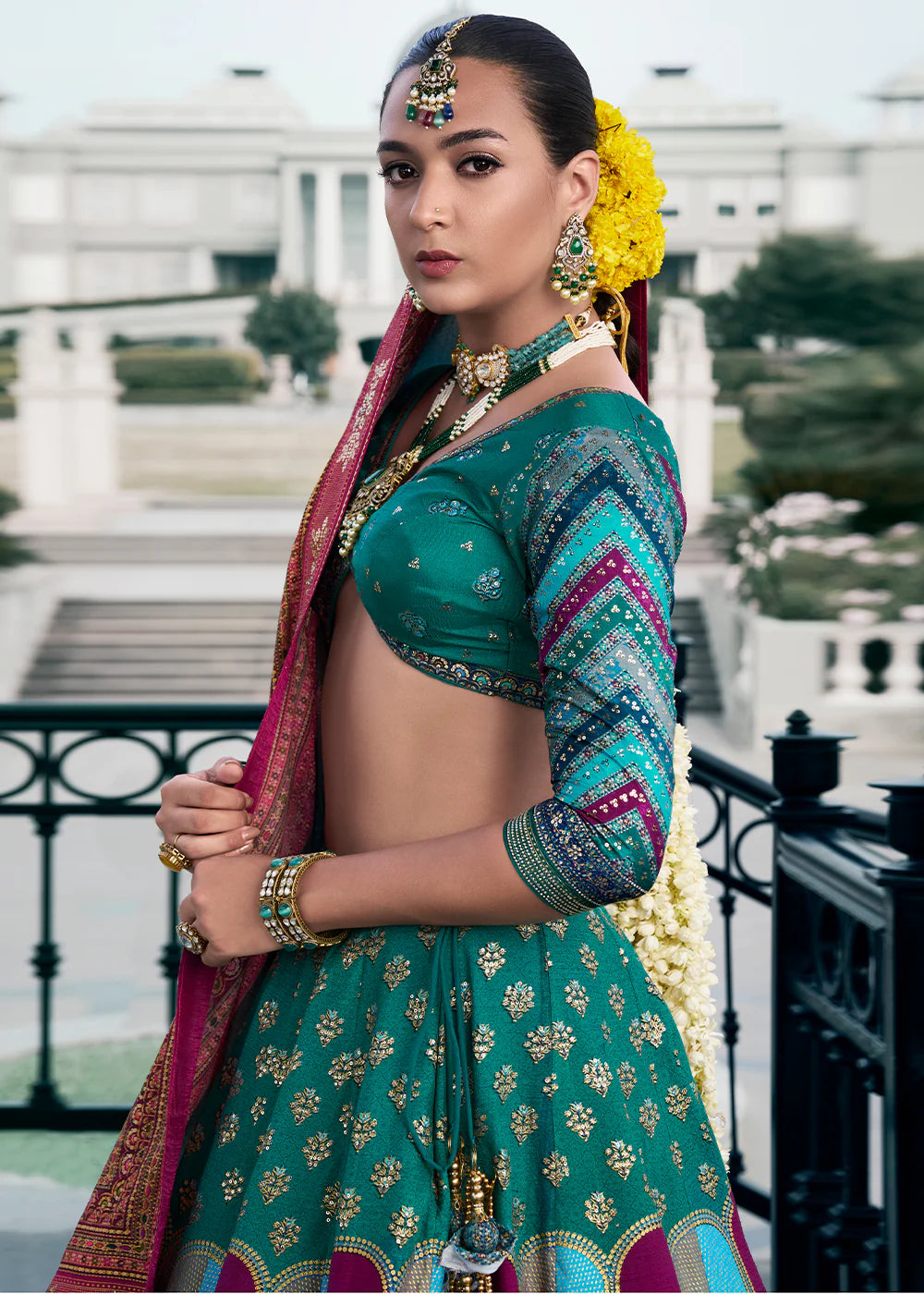 Turquoise Blue & Beige Banarasi Silk Lehenga