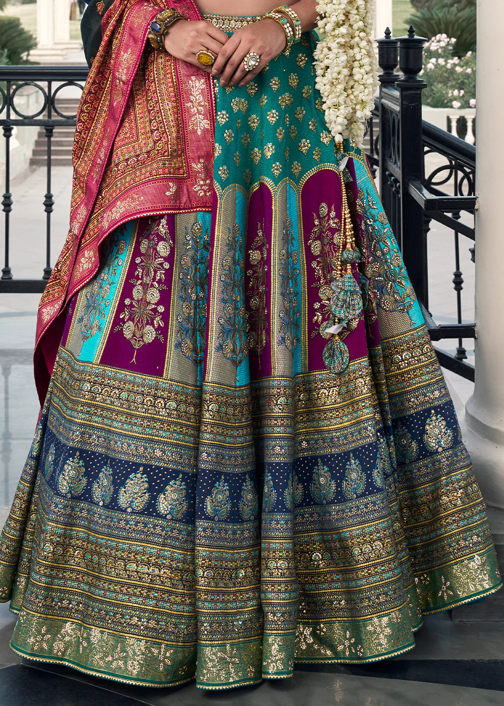 Turquoise Blue & Beige Banarasi Silk Lehenga