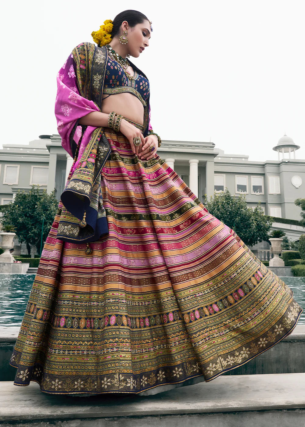Navy Blue & Purple Banarasi Silk Lehenga Choli