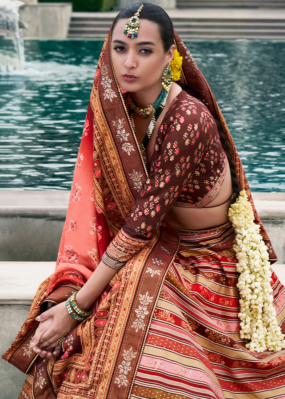 Peach Pink & Rust Orange Banarasi Silk Lehenga