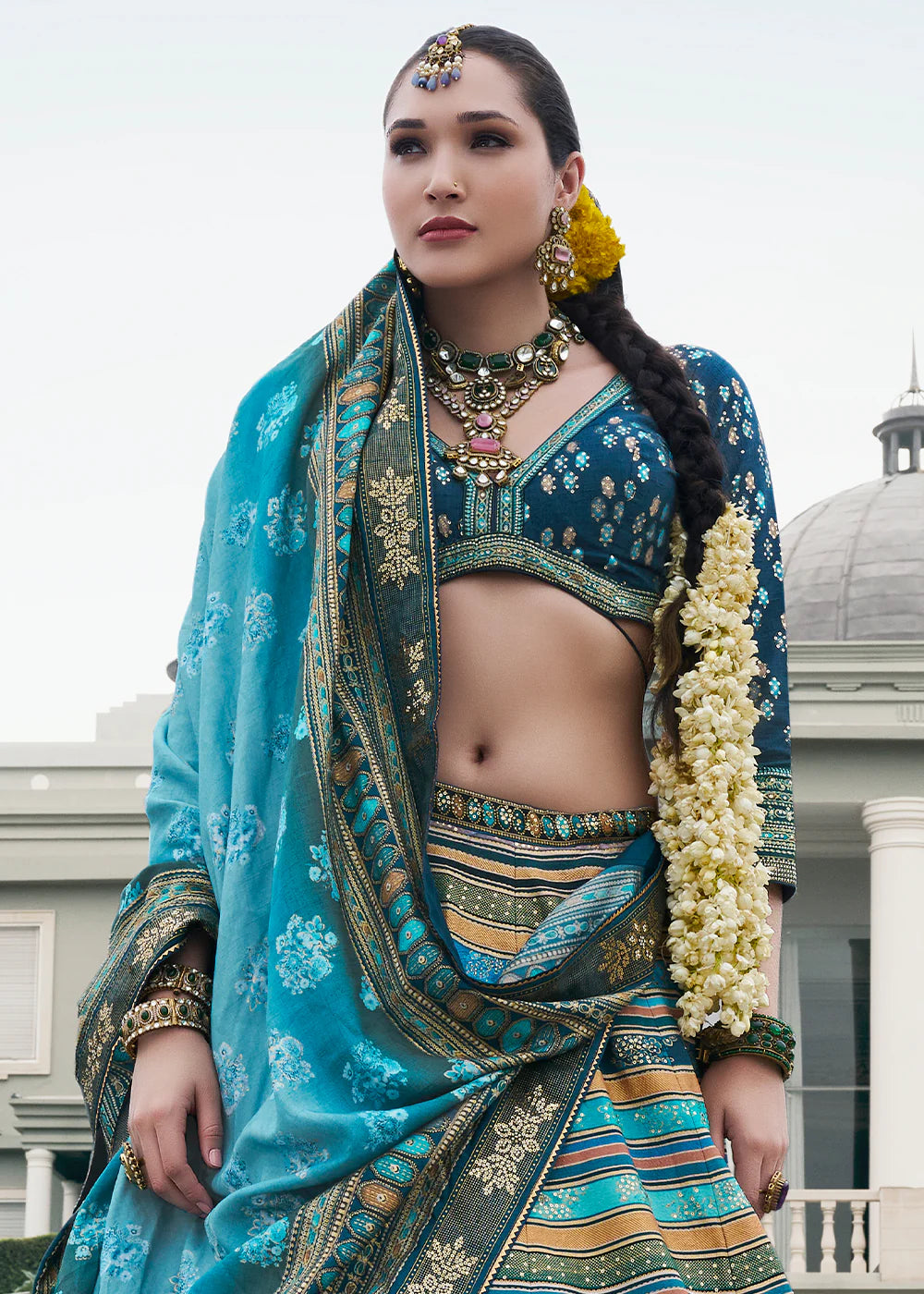 Sky Blue & Silver Designer Banarasi Silk Lehenga Choli