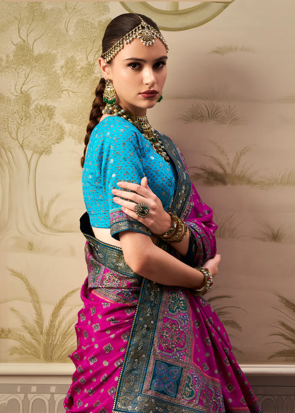 Teal Blue & Purple Banarasi Silk Lehenga Choli with Rich Zari Weaving