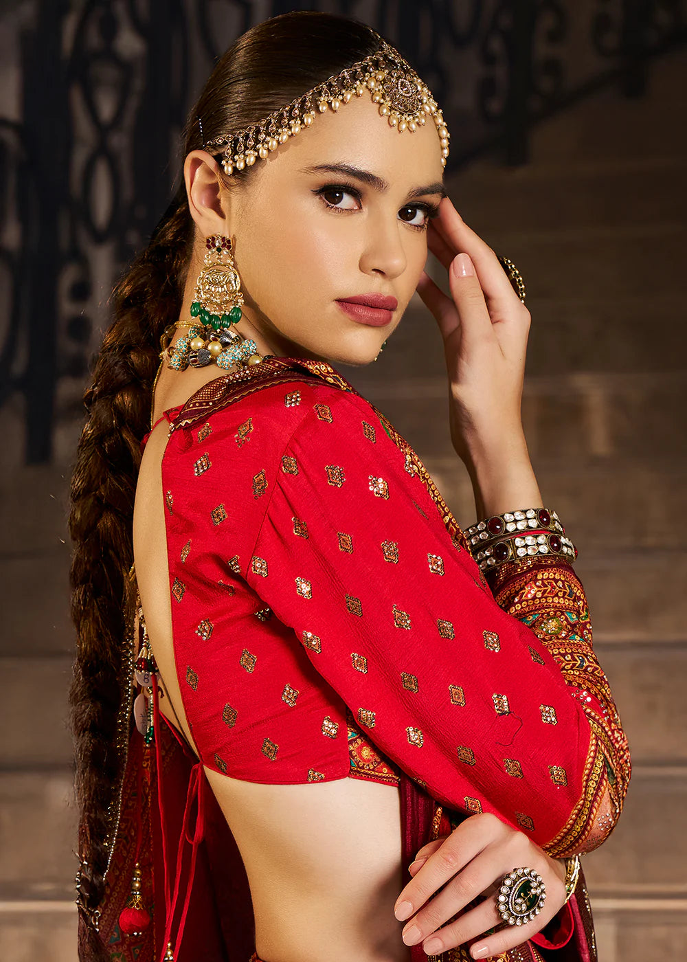 Ruby Red Banarasi Silk Lehenga Choli with Traditional Weaving