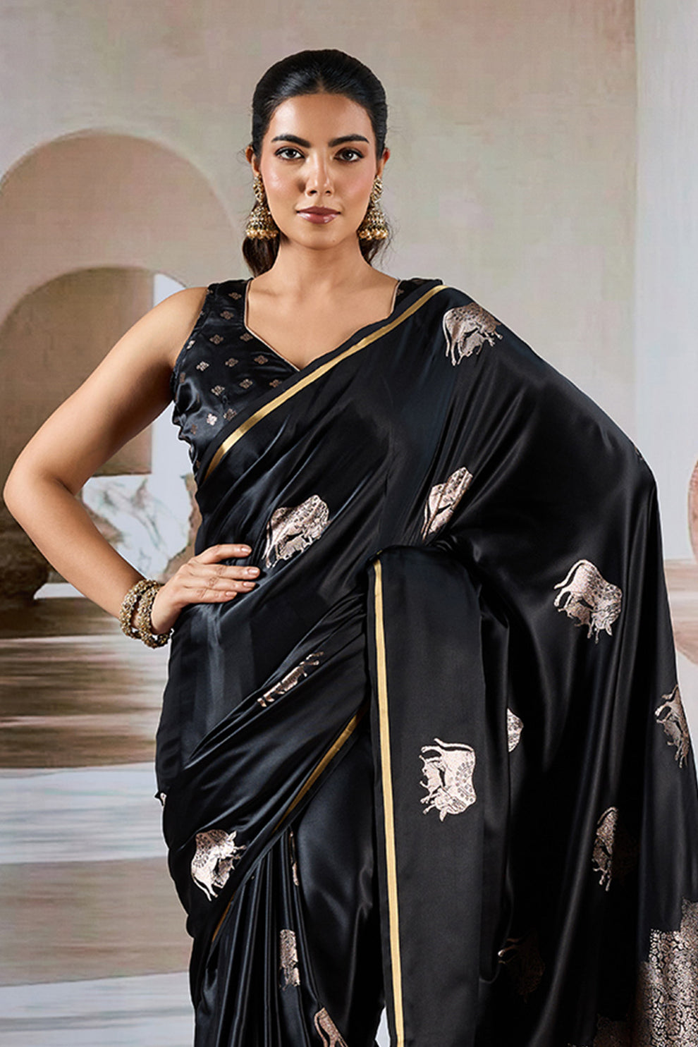 Black Pure Soft Satin Pichwai Handloom Weaving Saree