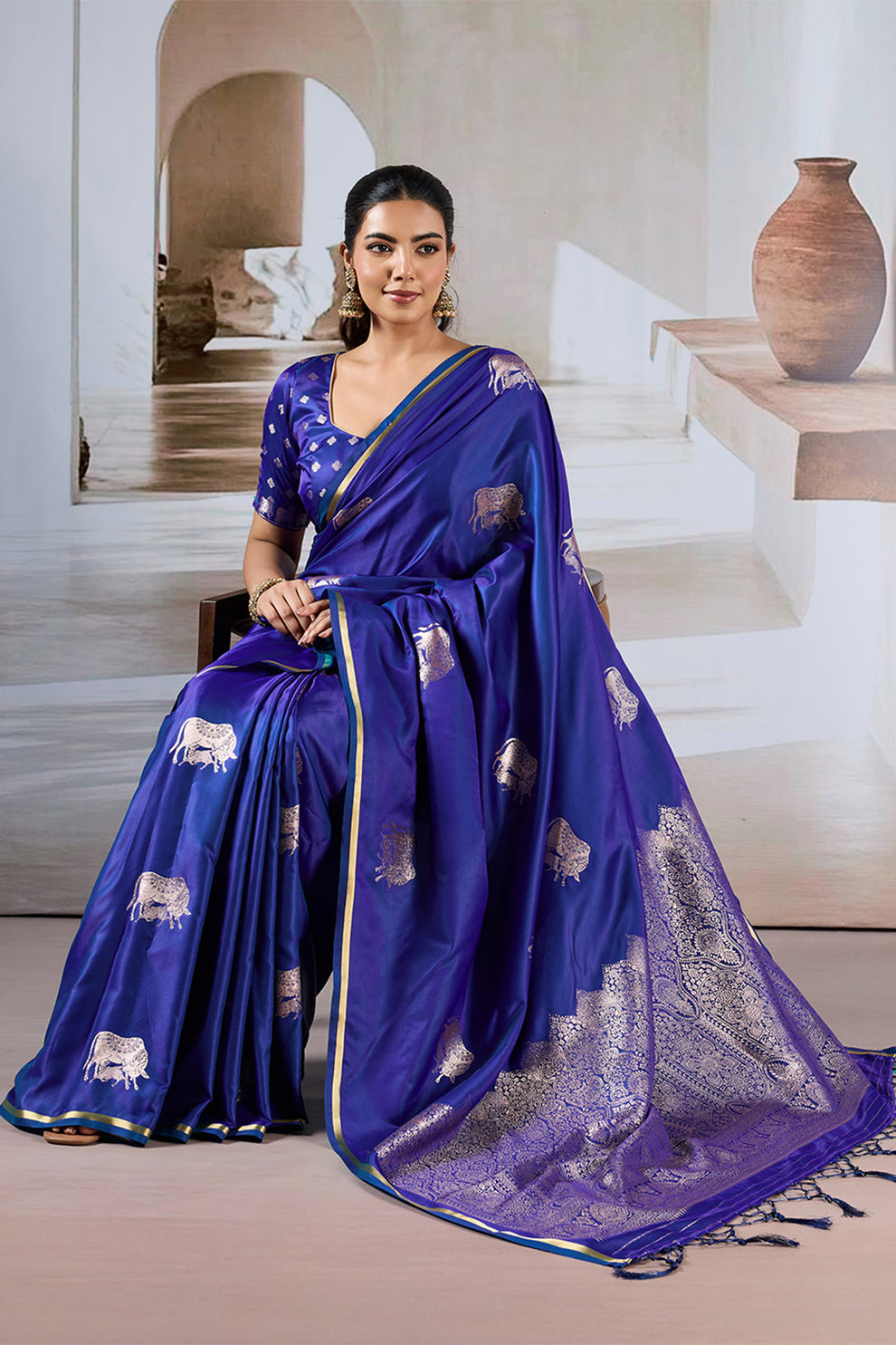 Navy Blue Pure Soft Satin Pichwai Handloom Weaving Saree