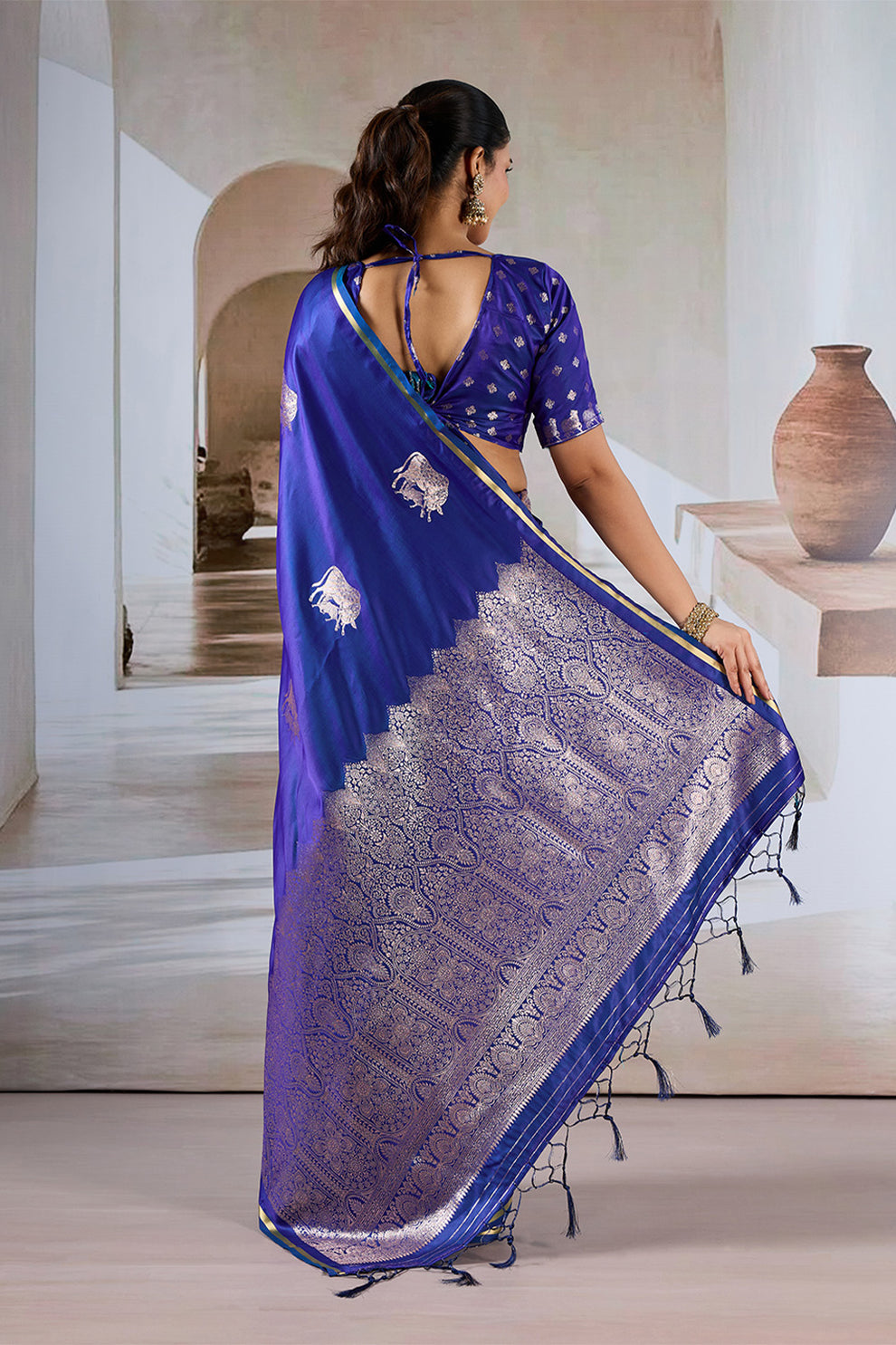 Navy Blue Pure Soft Satin Pichwai Handloom Weaving Saree