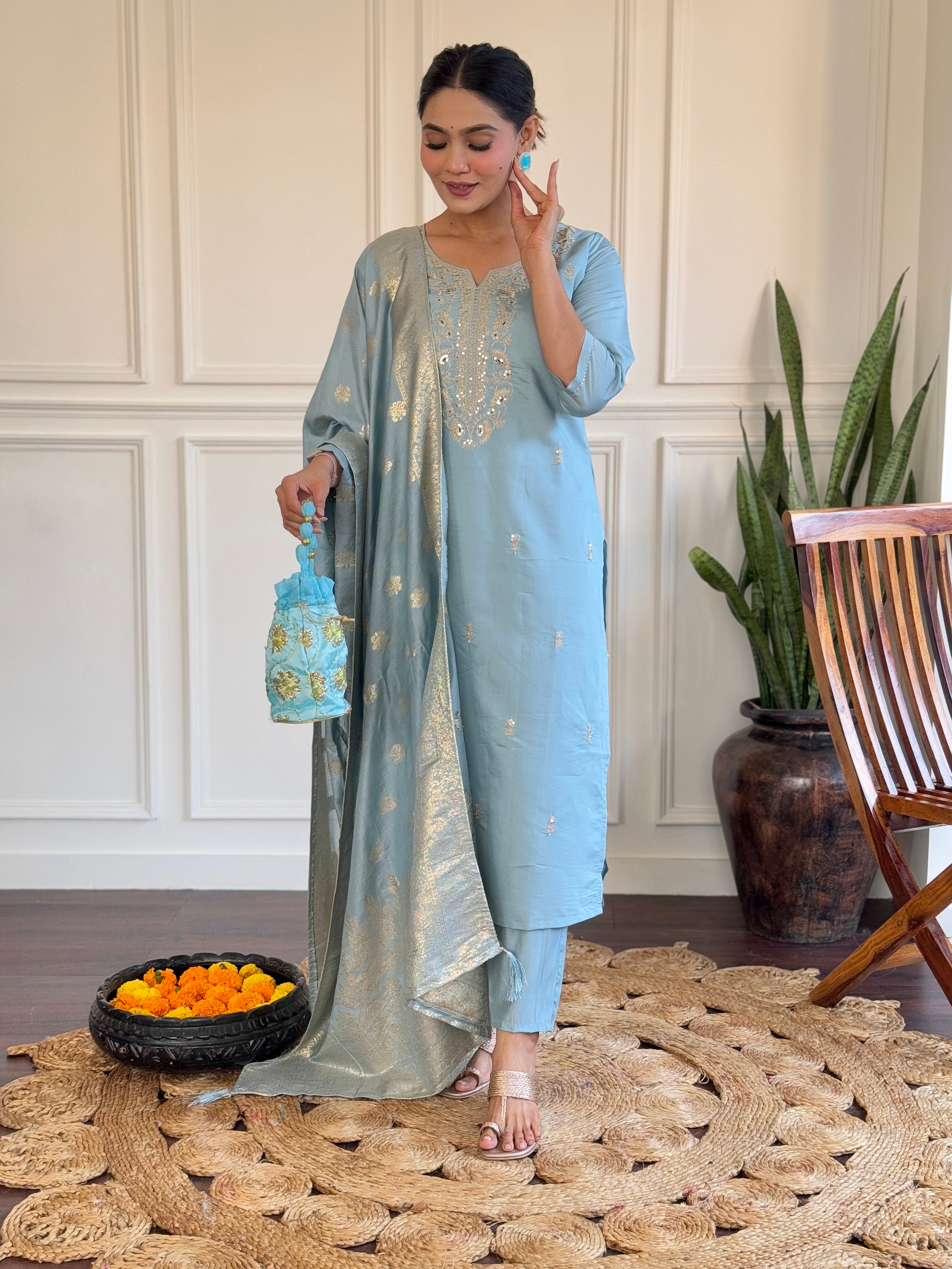 Sky Blue Viscose Chanderi Kurti Set with Jacquard Dupatta