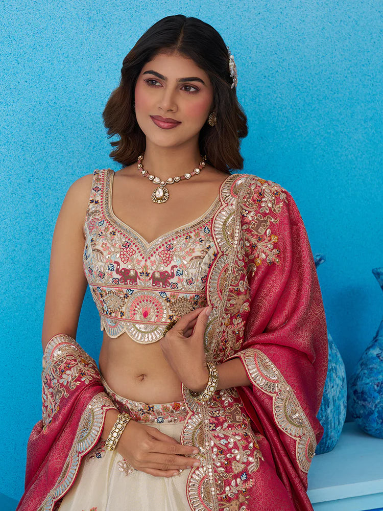 Cream Tissue Lehenga Choli with Rani Dupatta