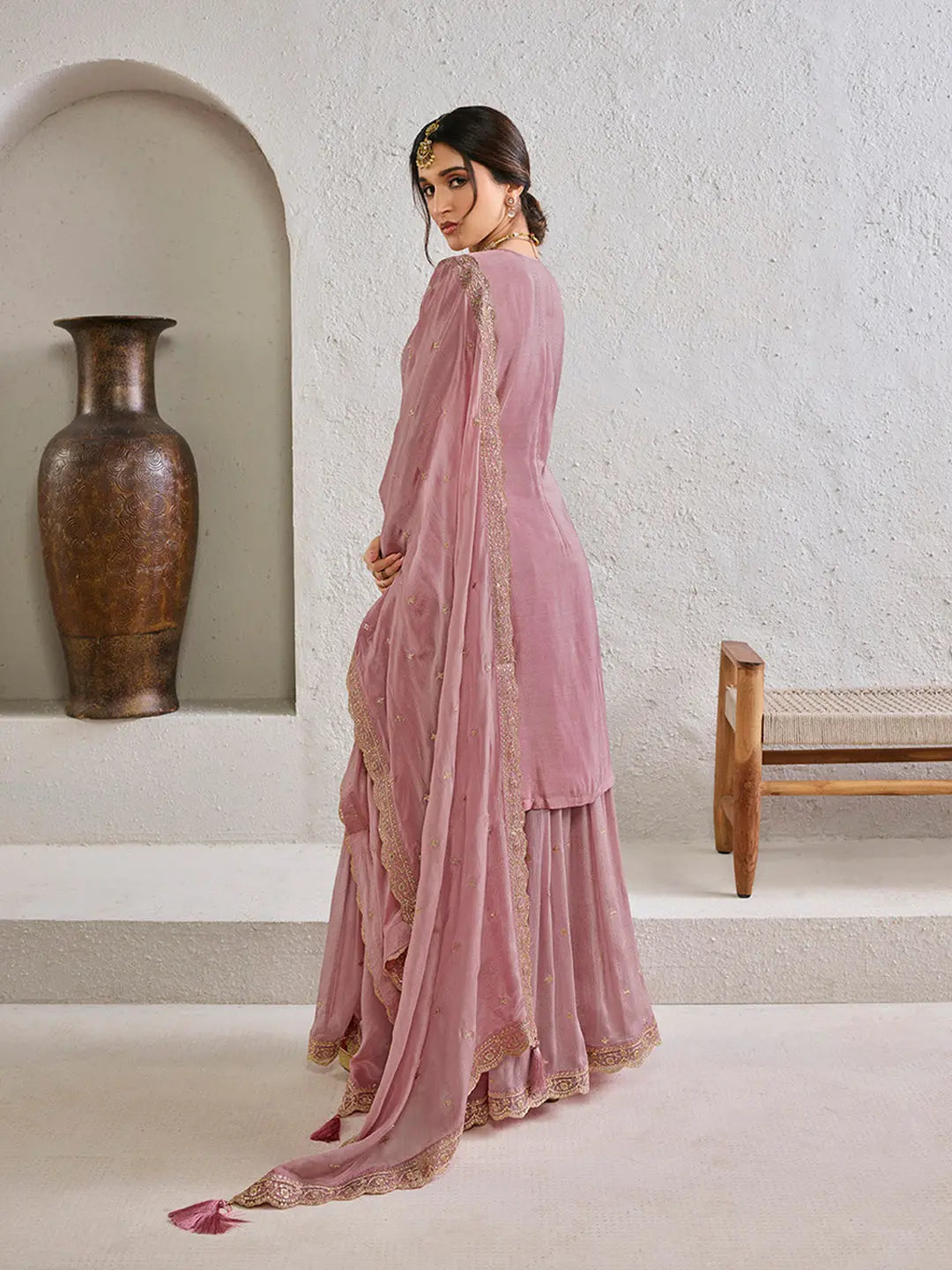 Elegant chinnon straight kurta sharara set for women