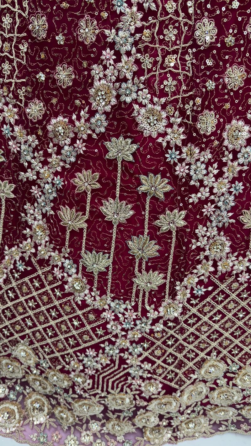 Raspberry Pure Soft Net Heavy Embroidery Work Bridal Lehenga