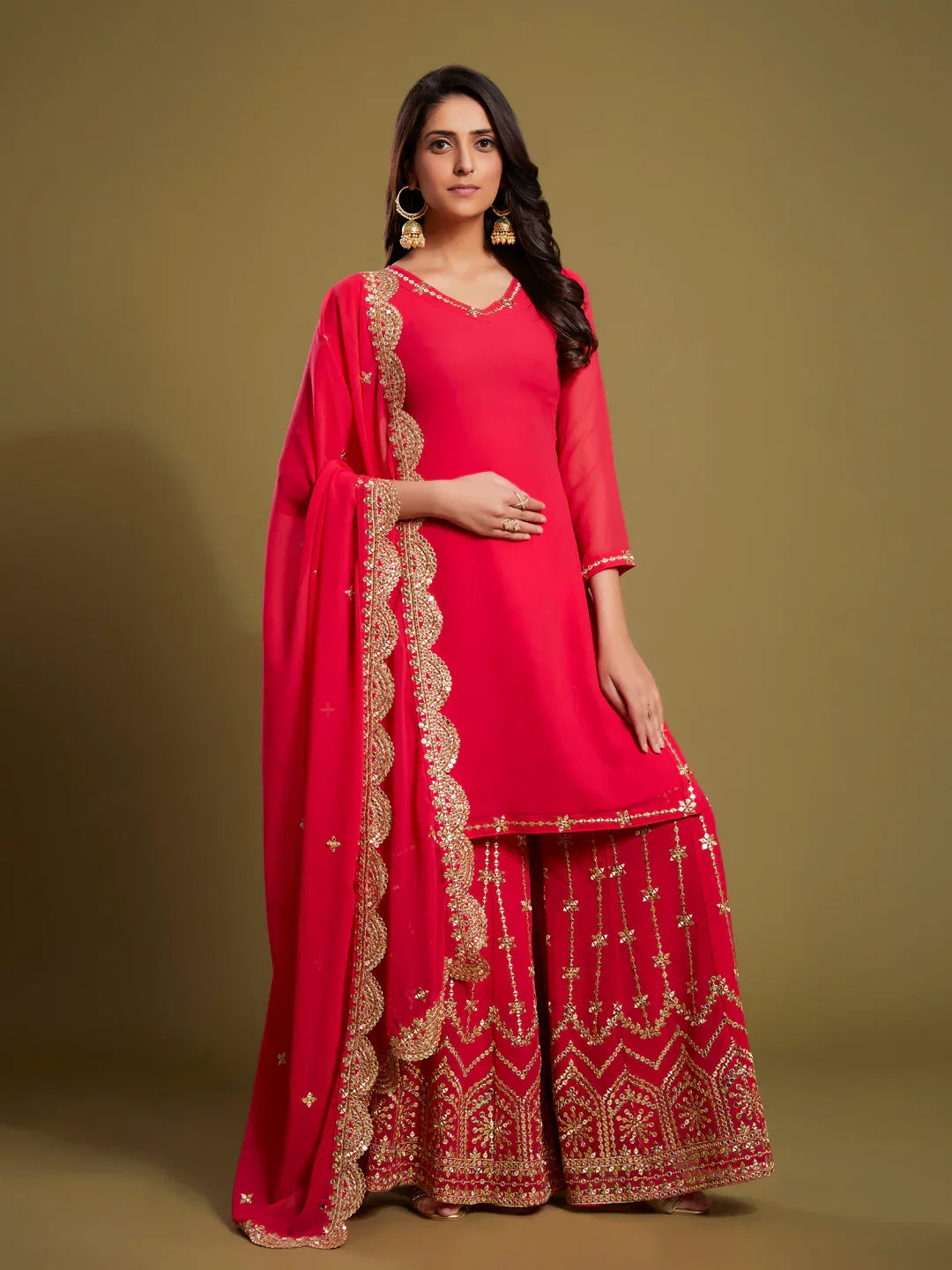 Georgette Palazzo Style Suit in Pink with Sequins and Zari, perfect for festive occasions