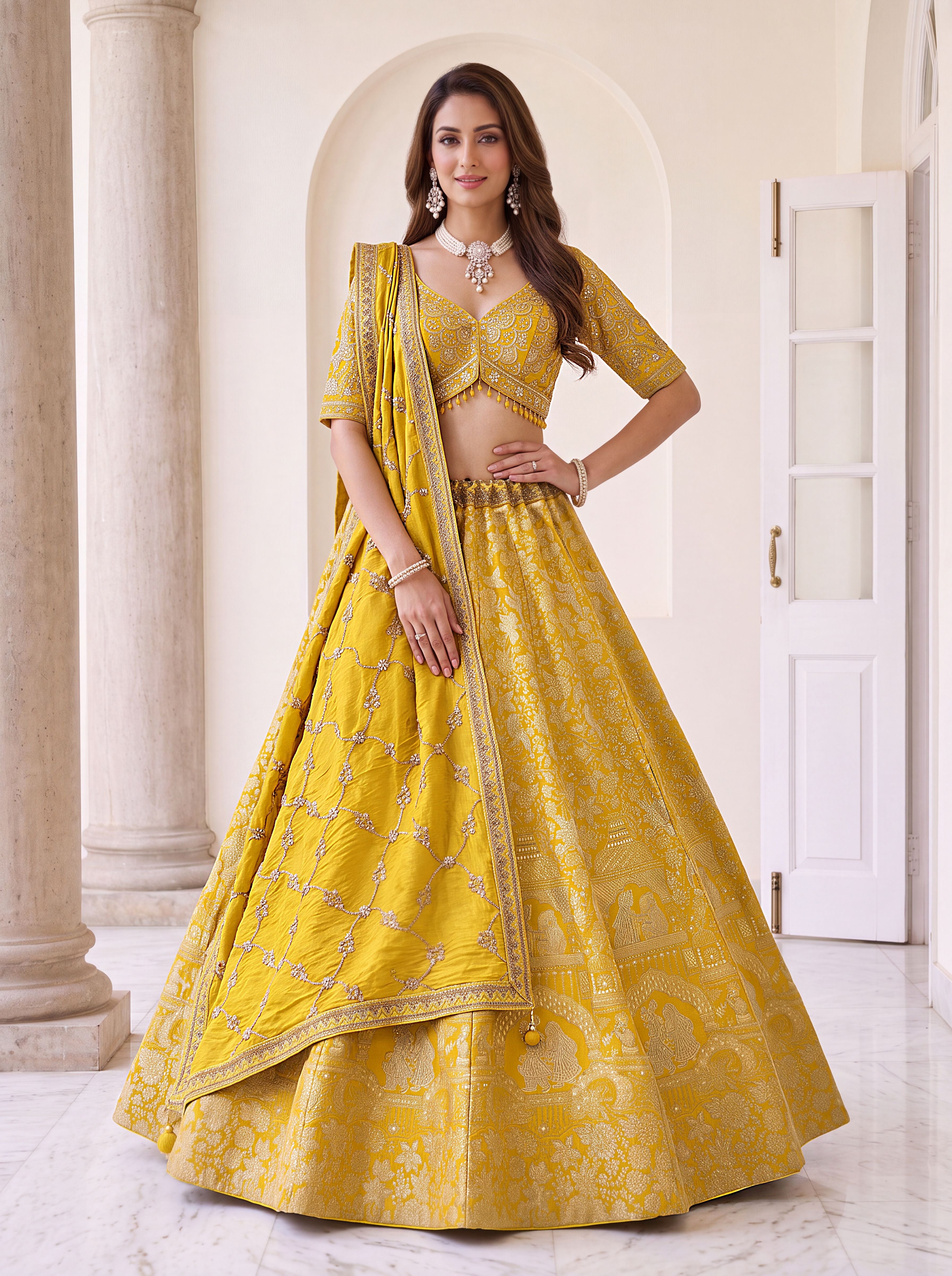 Royal Yellow Pure Banarasi Silk Zari Figure Pattern Weaving Work Bridal Lehenga Choli