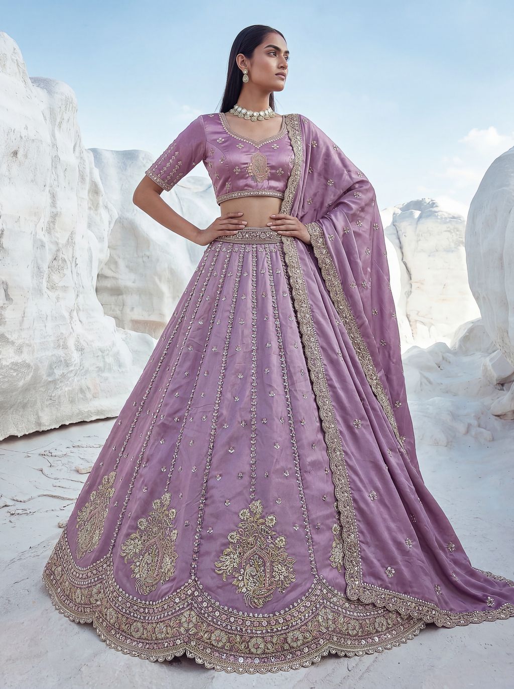 Lilac Pure Soft Silk Heavy Sequins Embellishment Work Bridal Lehenga Choli