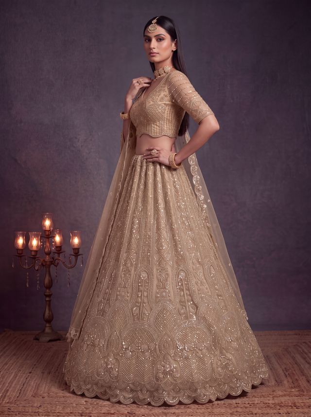 Chiku Pure Heavy Net Motif Handwork Zari Sequins Work Bridal Lehenga Choli