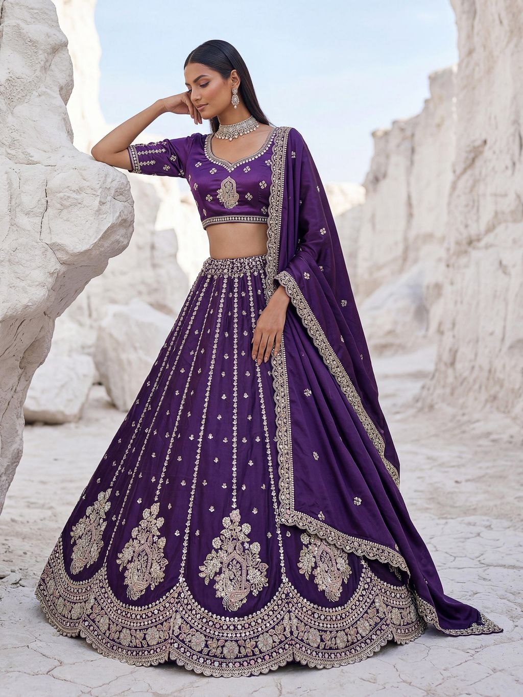 Purple Pure Soft Silk Heavy Sequins Embellishment Work Bridal Lehenga Choli