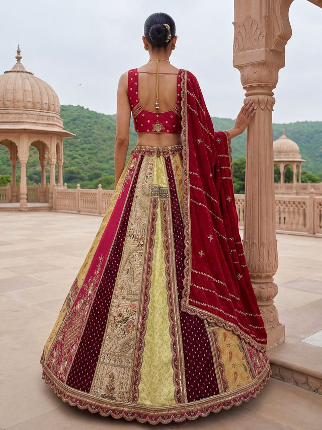 Multicolour Pure Soft Silk Heavy Embroidery Work Bridal Lehenga