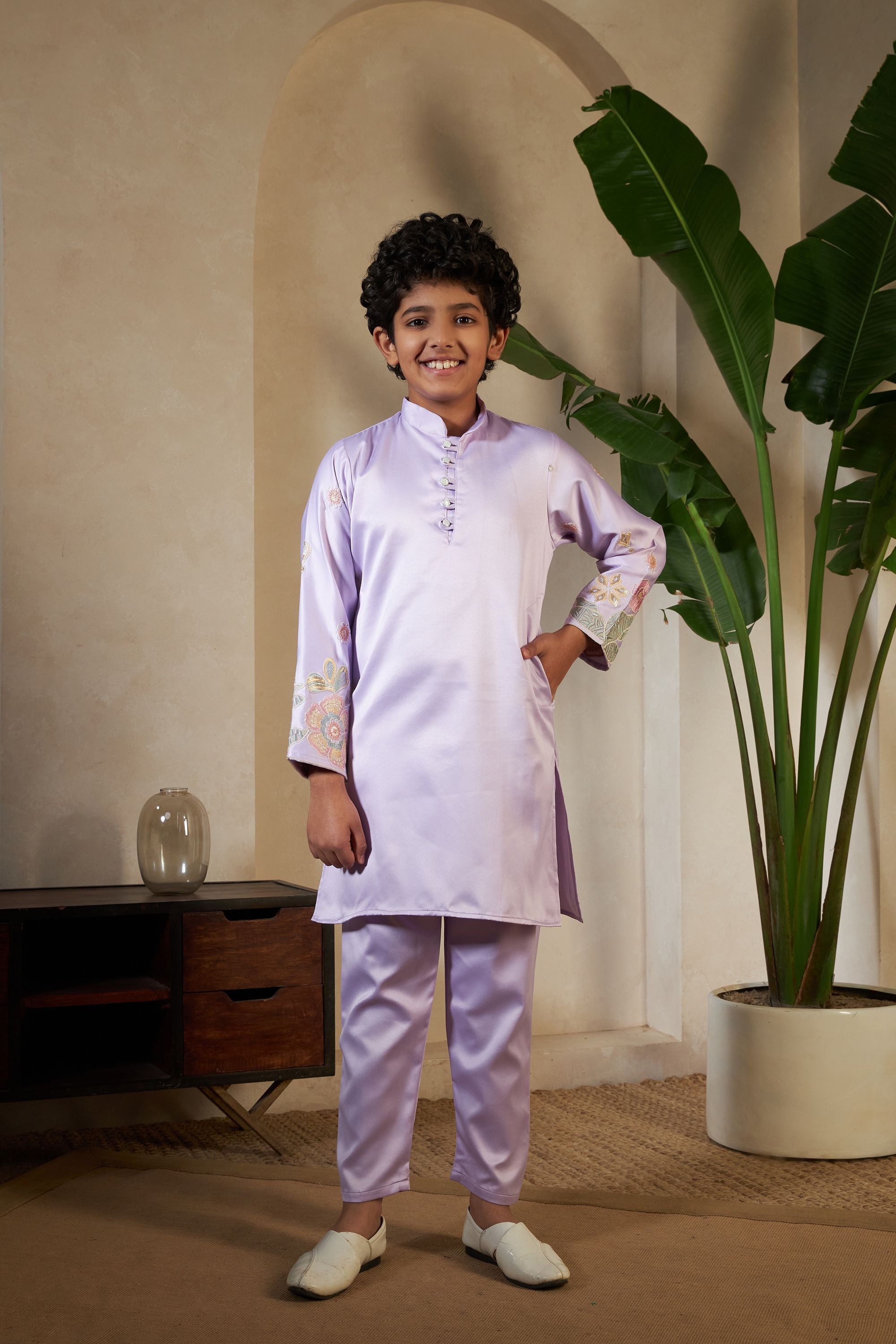 Lavender Pure Satin Silk Kids Boy Kurta Pajama With Koti Jacket