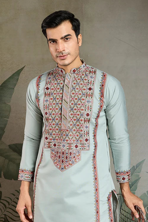 Menβs Sky Blue Embroidered Silk Kurta Pajama Set
