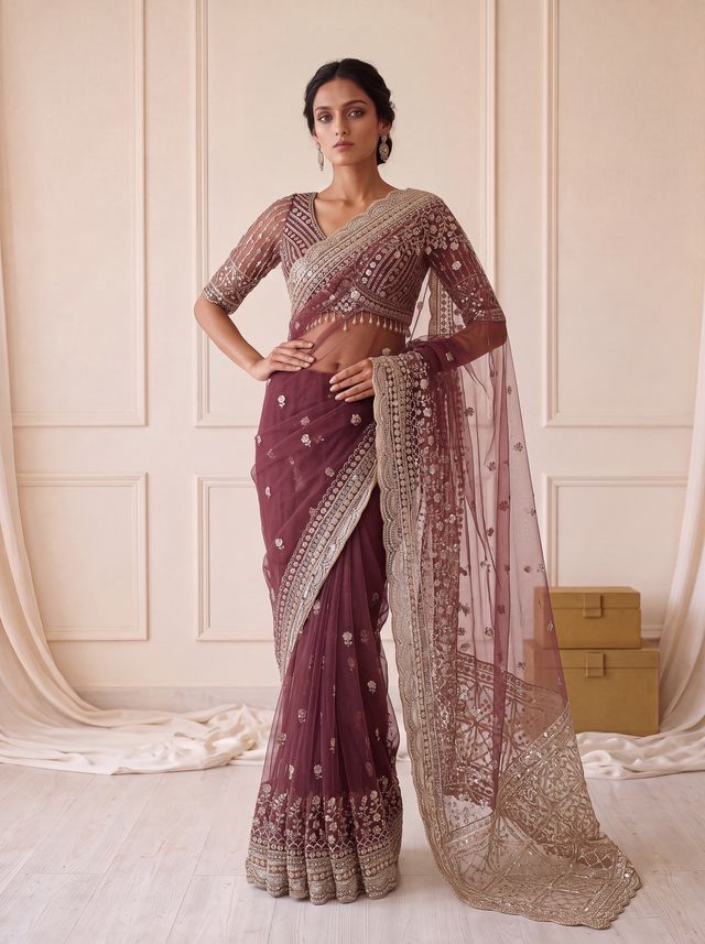 Wine Pure Premium Net Handwork Kasti & Motif Zari Metallic Sequins Work Wedding Saree