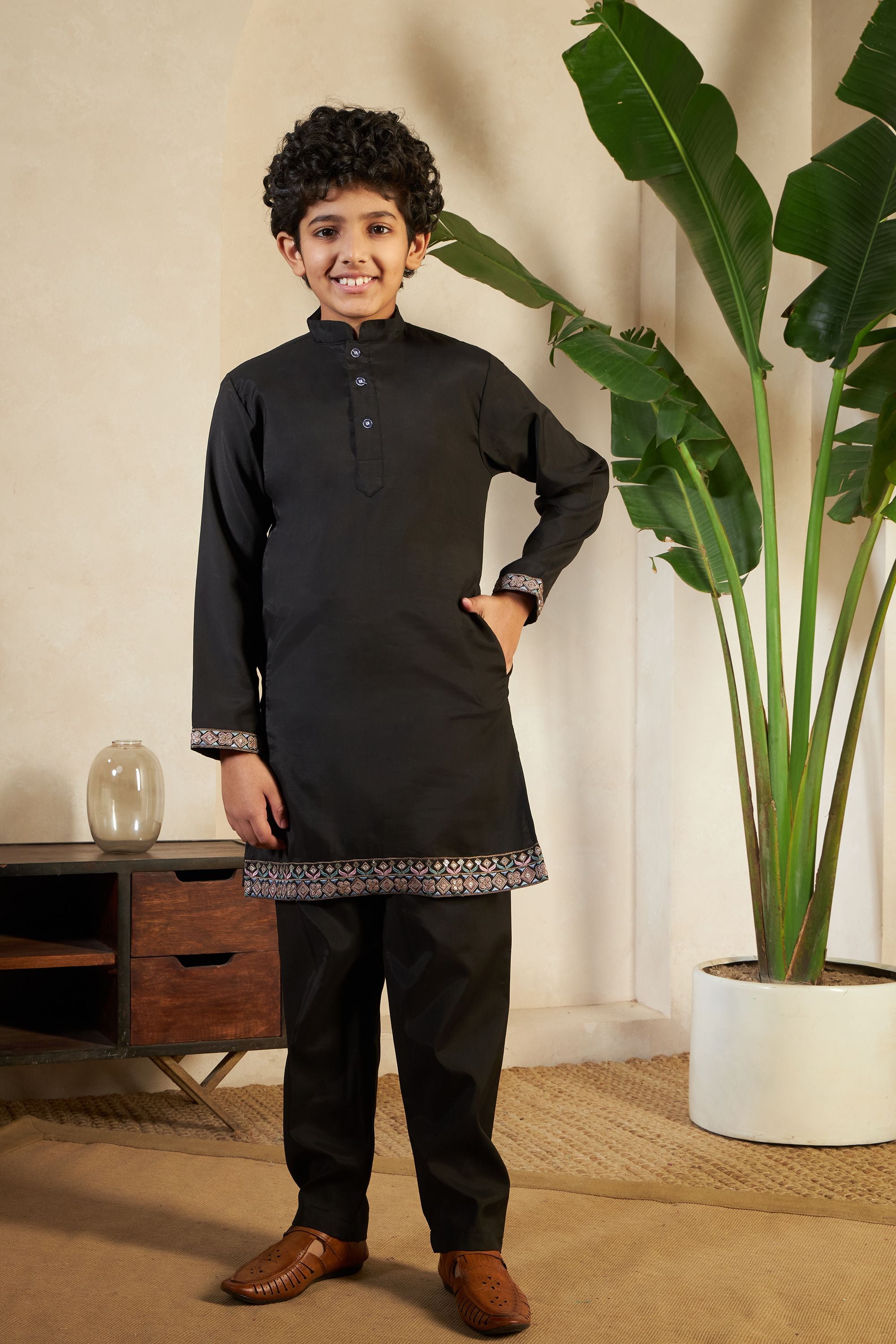 Black Pure Viscose Silk Silk Kids Boy Kurta Pajama With Koti Jacket