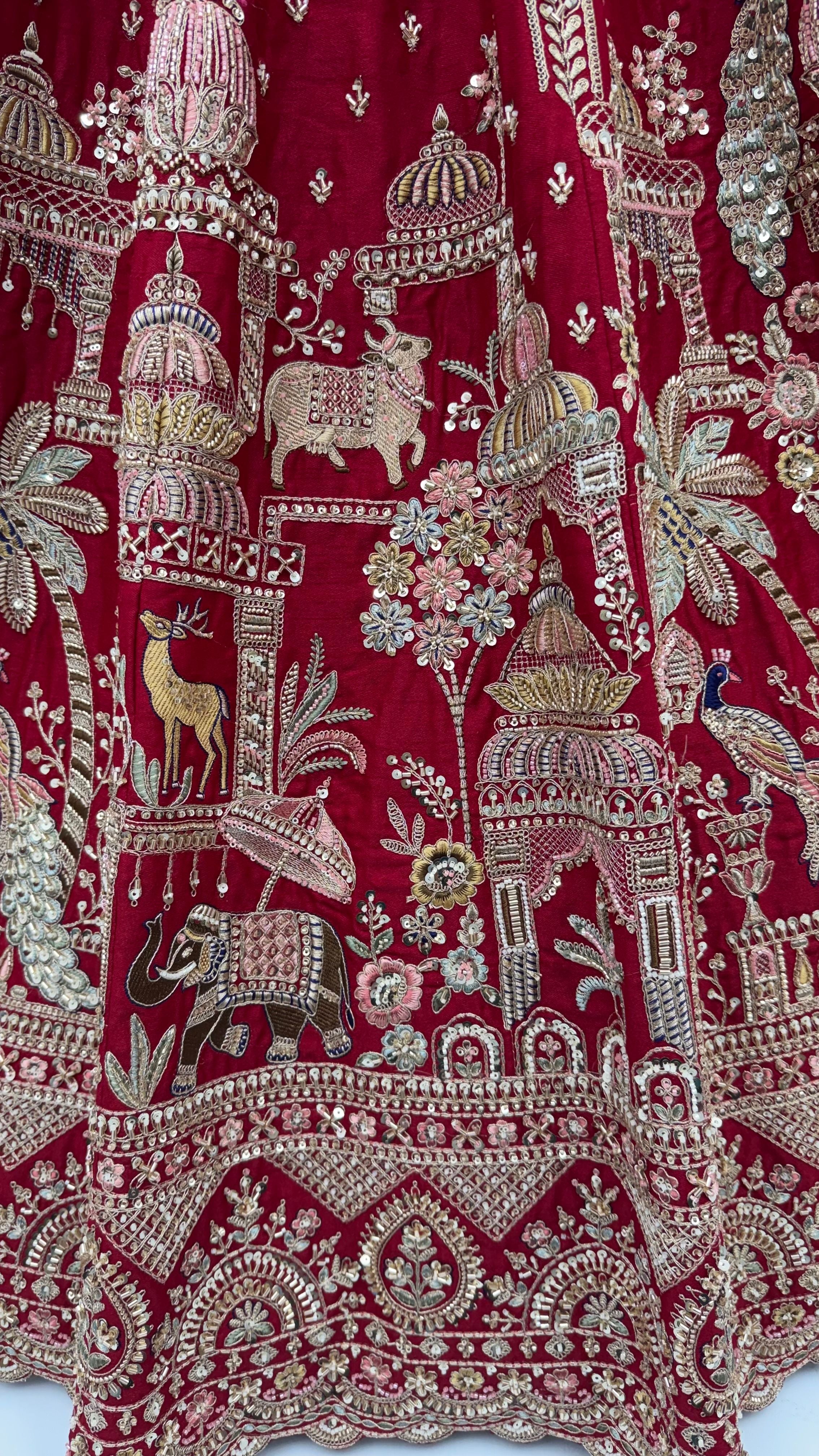Red Pure Soft Multi Color Motif Multi thread Embroidery Sequins Work Bridal Lehenga Choli
