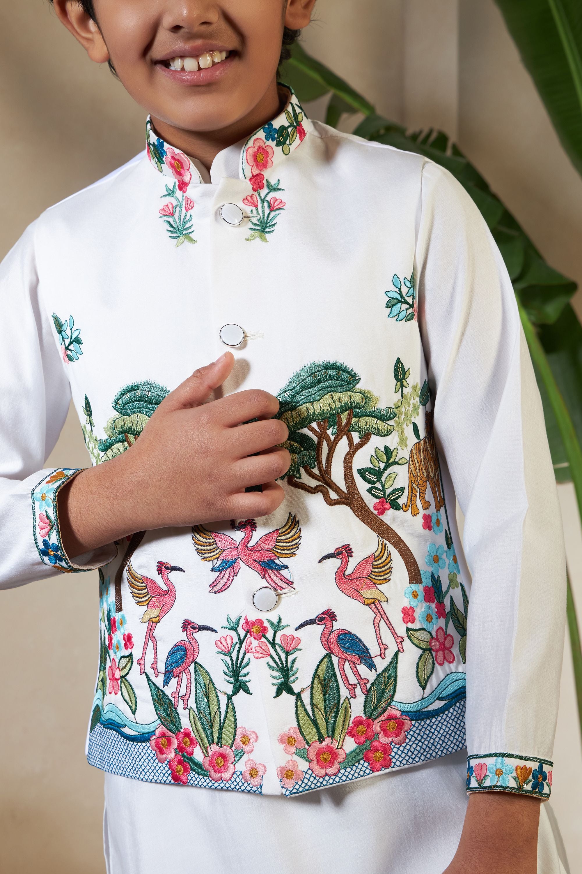 White Pure Viscose Silk Silk Kids Boy Kurta Pajama With Koti Jacket