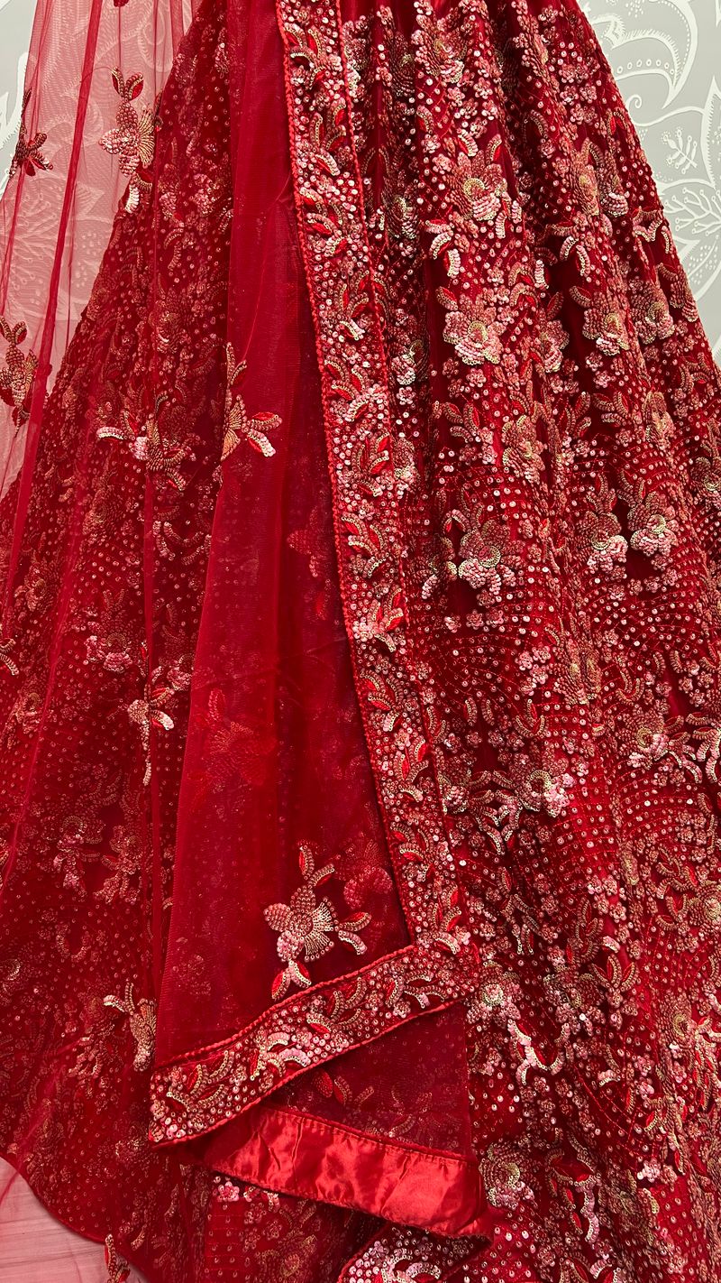 Red Pure Soft Heavy Net Sequins Embroidery Work Bridal Lehenga