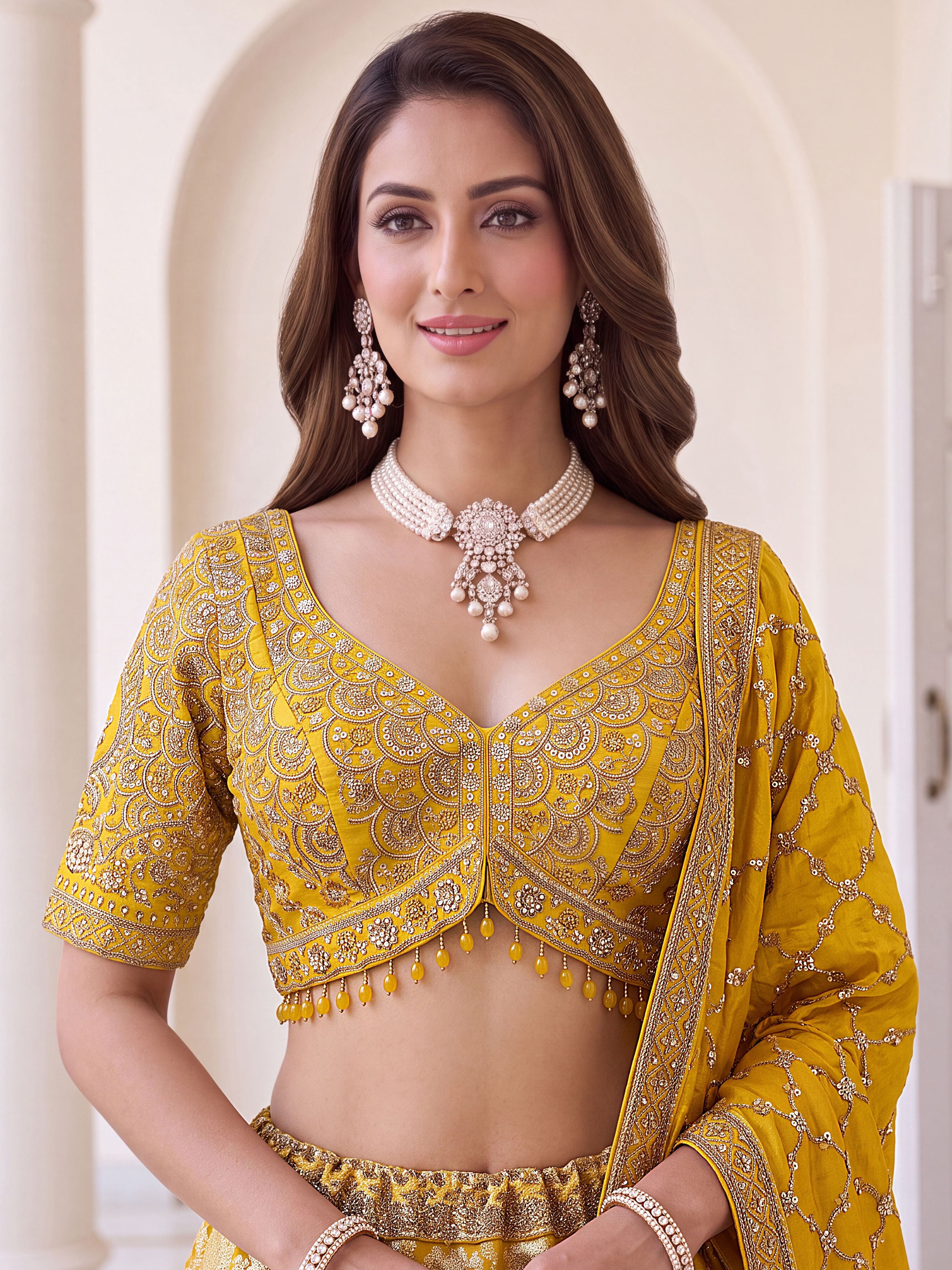 Royal Yellow Pure Banarasi Silk Zari Figure Pattern Weaving Work Bridal Lehenga Choli