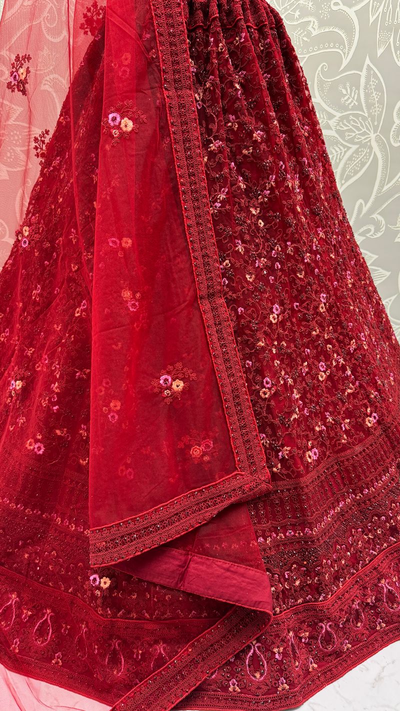Red Pure Soft Heavy Net Sequins Embroidery Work Bridal Lehenga