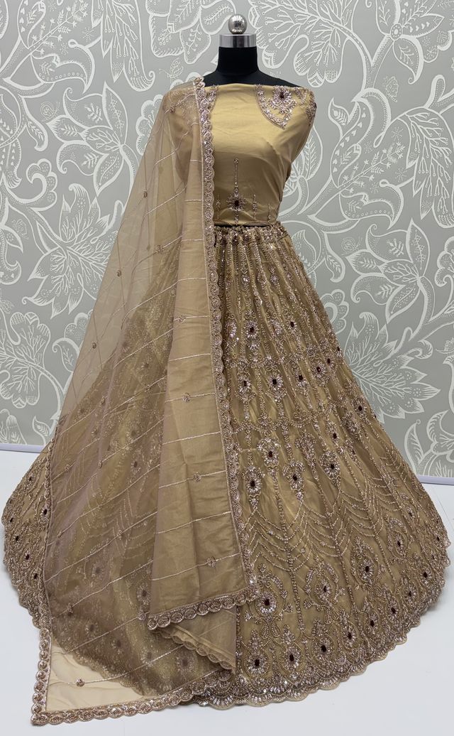 Chicku Pure Fendi Tussaud Silk Crystal Beads work Multi Thread Dori and Sequins Work Sequins Work Bridal Lehenga Choli