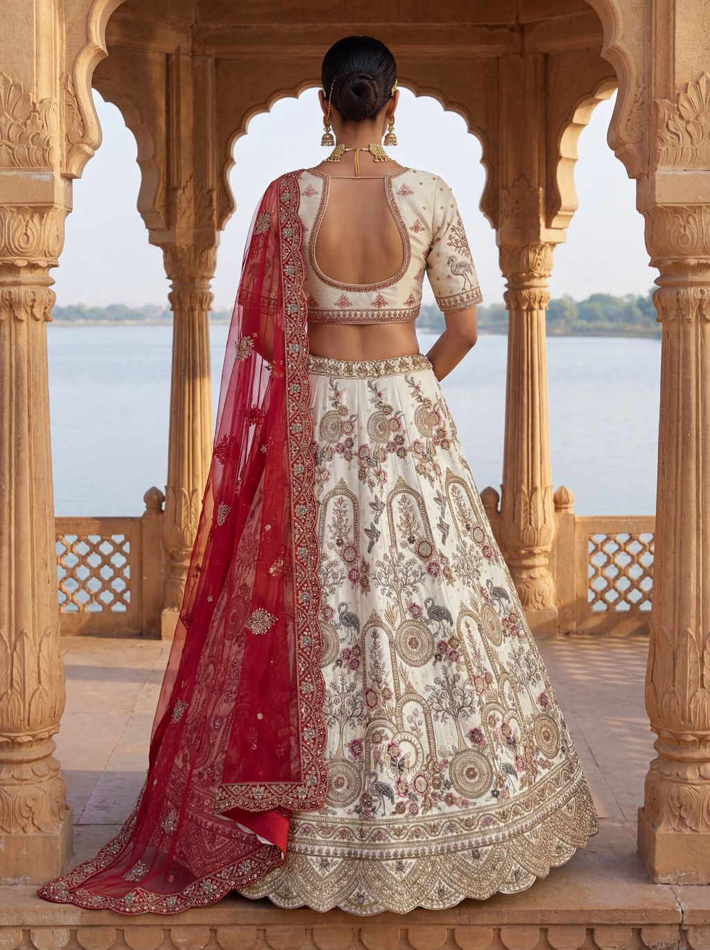 Off White Pure Soft Silk Heavy Embroidery Work Bridal Lehenga