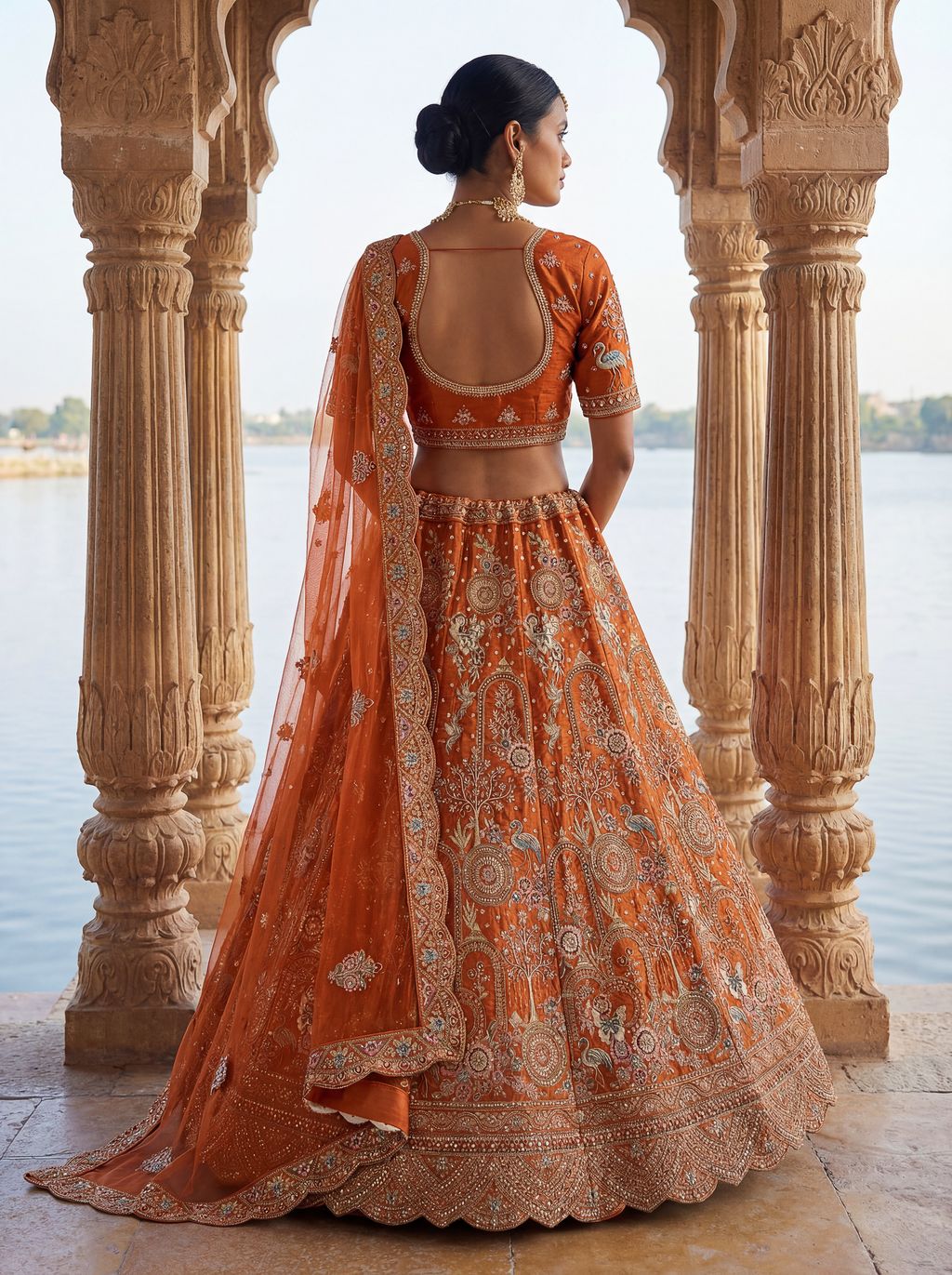 Orange Pure Soft Silk Heavy Embroidery Work Bridal Lehenga