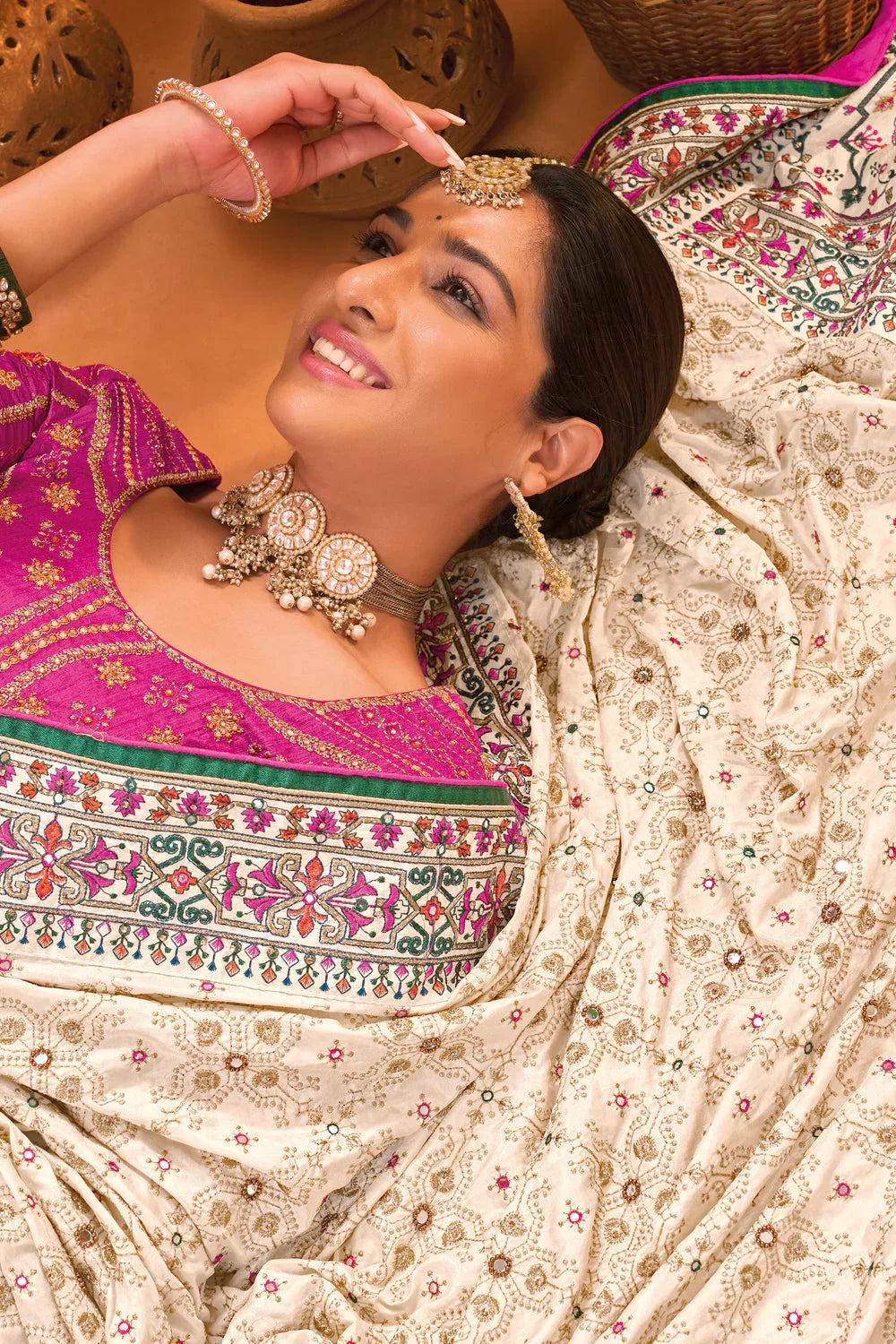 Bridal Wedding Cream Kacchi Work Banarasi Silk Saree