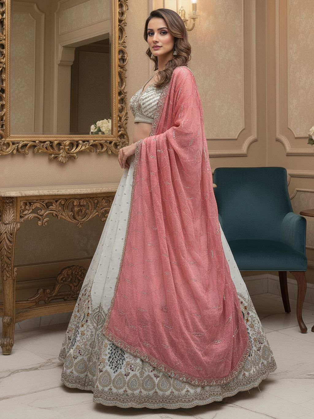 White Pure Soft Gadhwal Silk Heavy Embroidery Work Bridal Lehenga