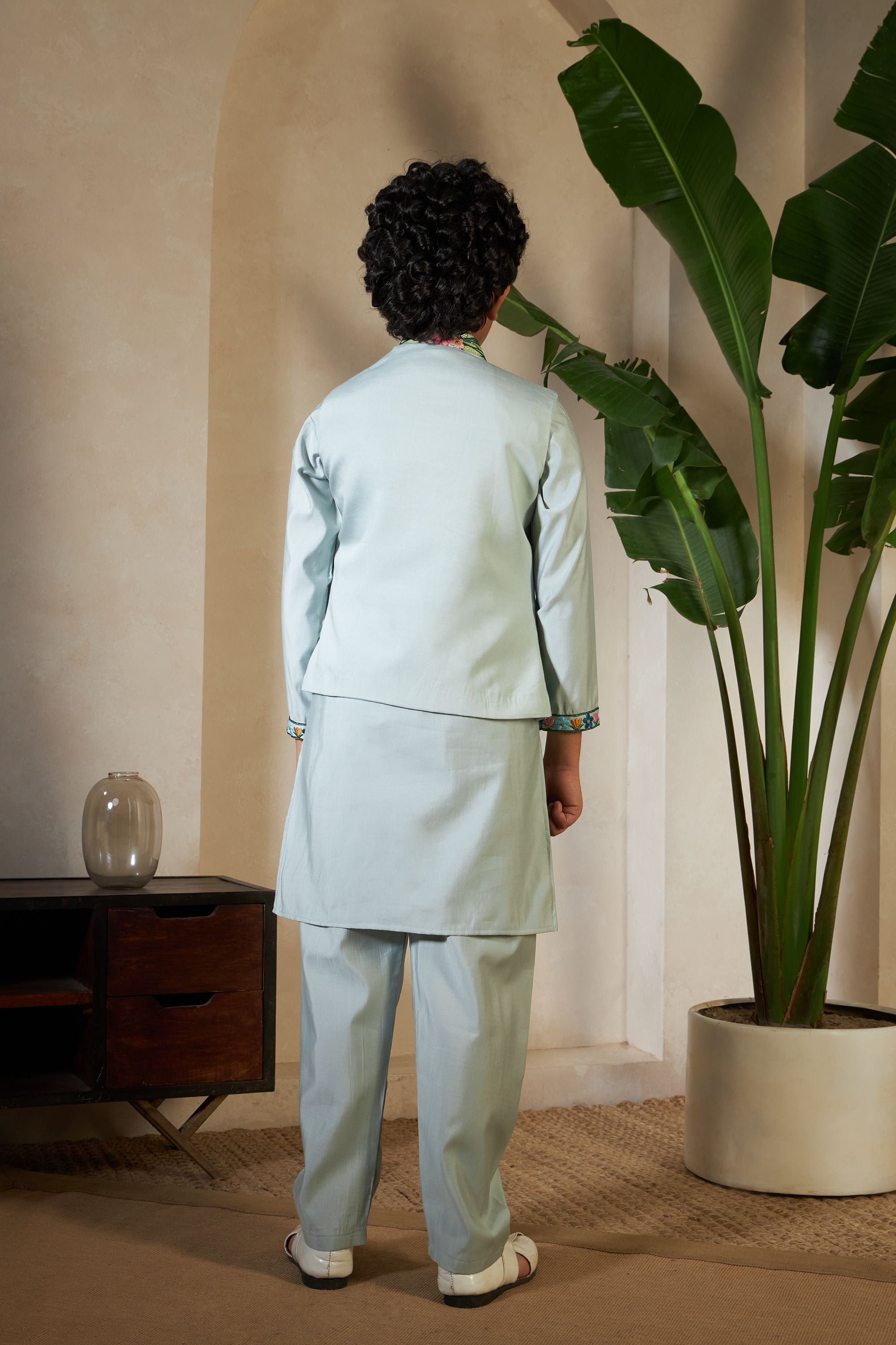 Pista Pure Viscose Silk Silk Kids Boy Kurta Pajama With Koti Jacket