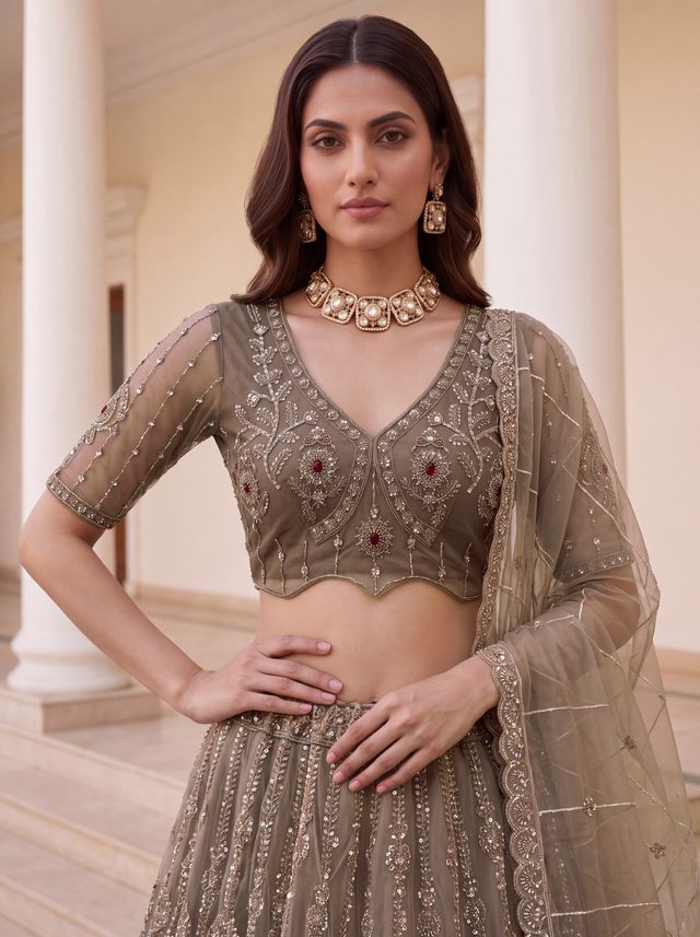 Beige Coppe Pure Fendi Tussaud Silk Crystal Beads work Multi Thread Dori and Sequins Work Sequins Work Bridal Lehenga Choli
