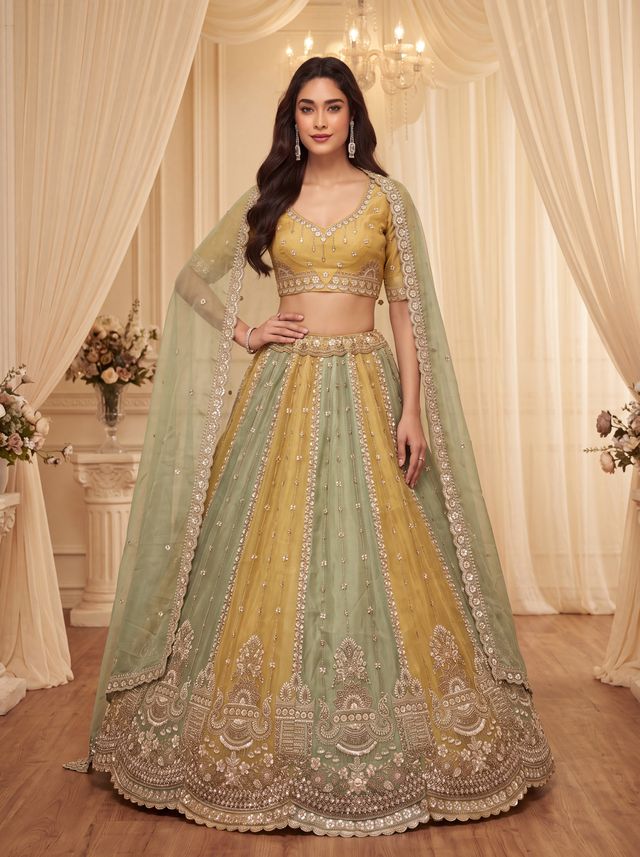 Multi Pure Soft Satin Silk Heavy Beads Motif Zari Embroidery Sequins Work Bridal Lehenga Choli