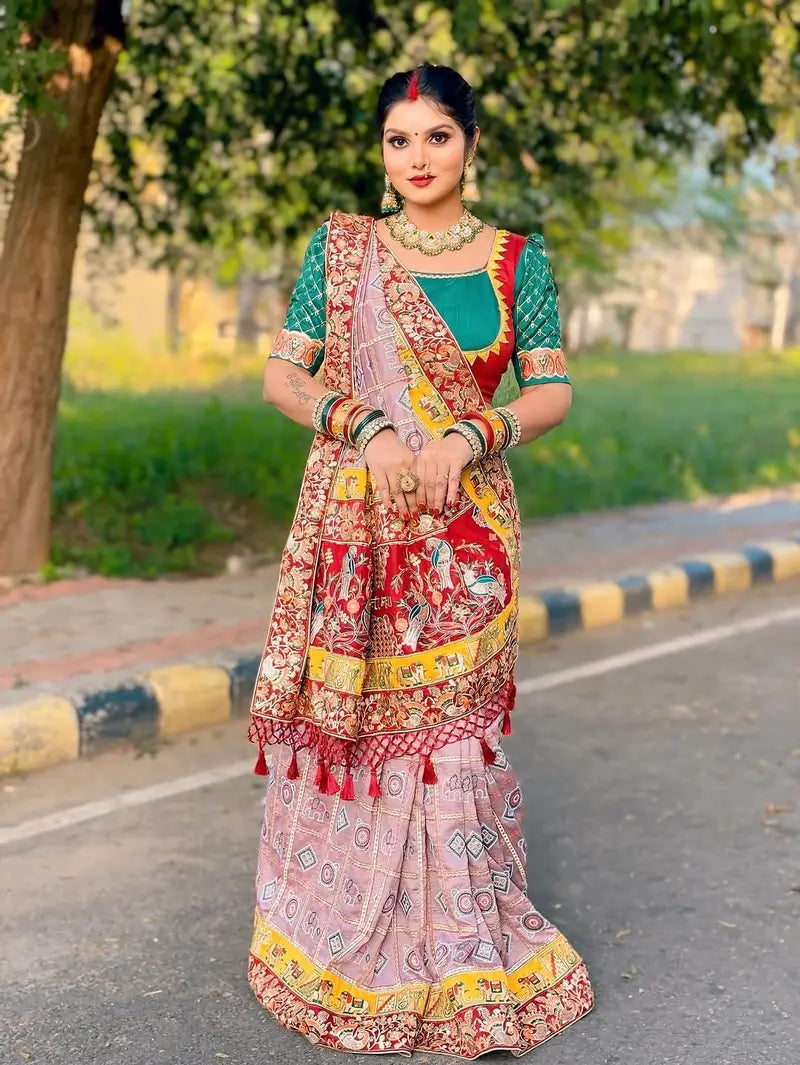 Chiku Pure Soft Silk Heavy Embroidery Diamond Work Gharchola Panetar Saree