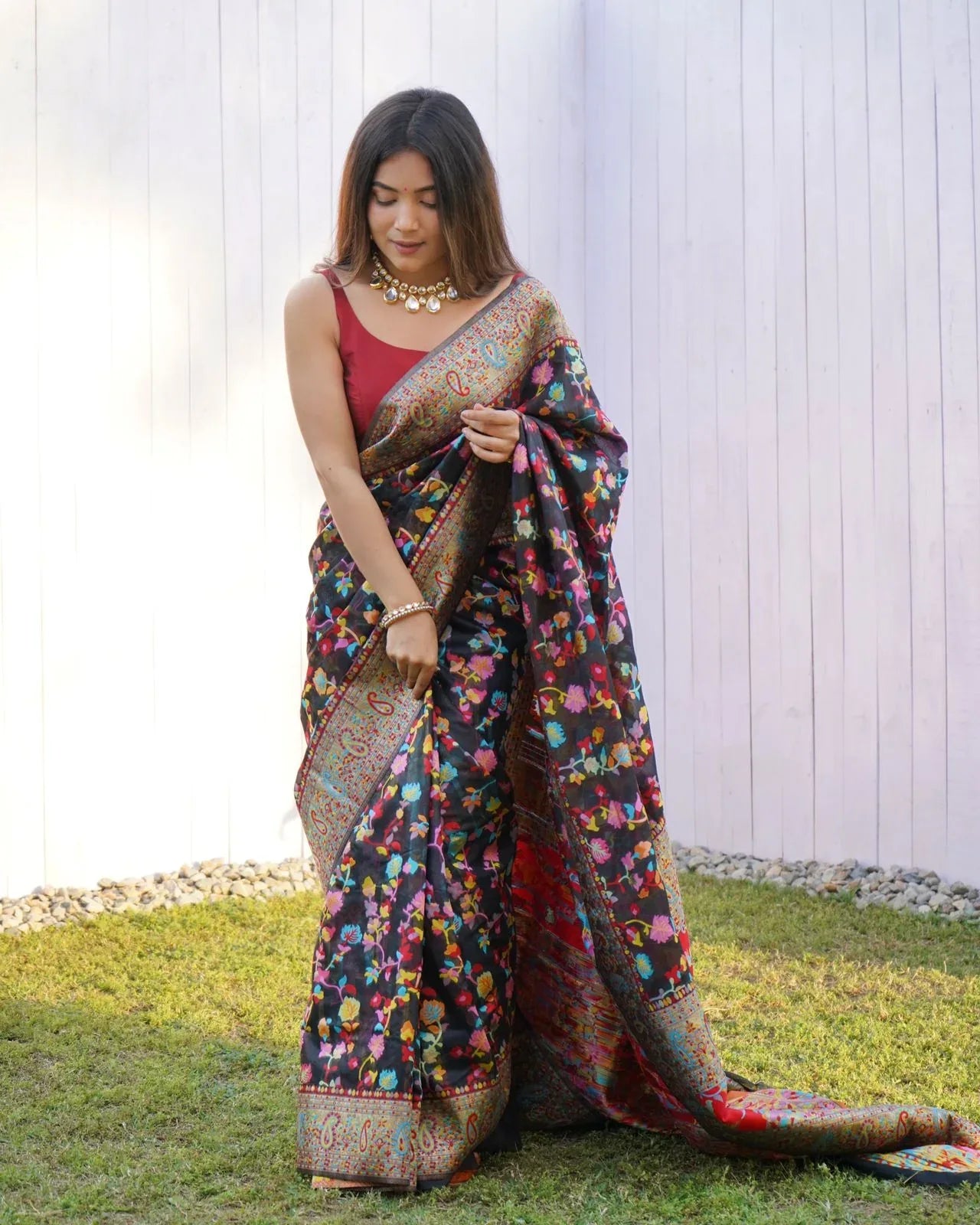 KASHMIRI PASMINA KACHI WORK SAREE - Anant Exports
