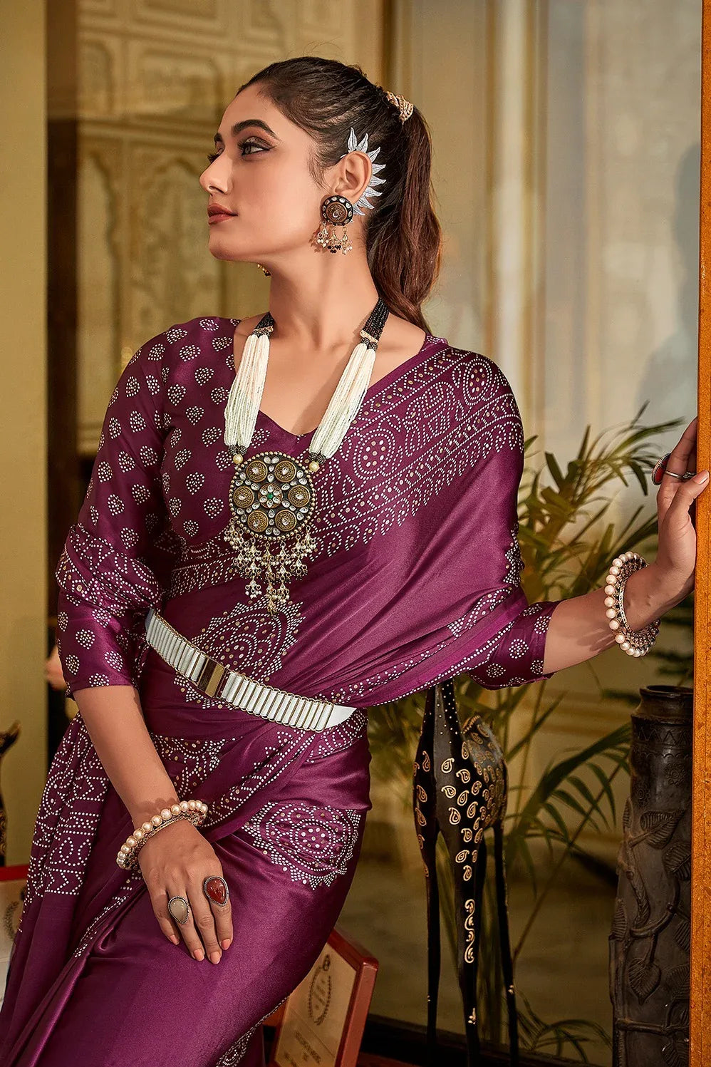 SAWARNA GAJI SATIN BANDHEJ PRINT SAREEE - Anant Exports