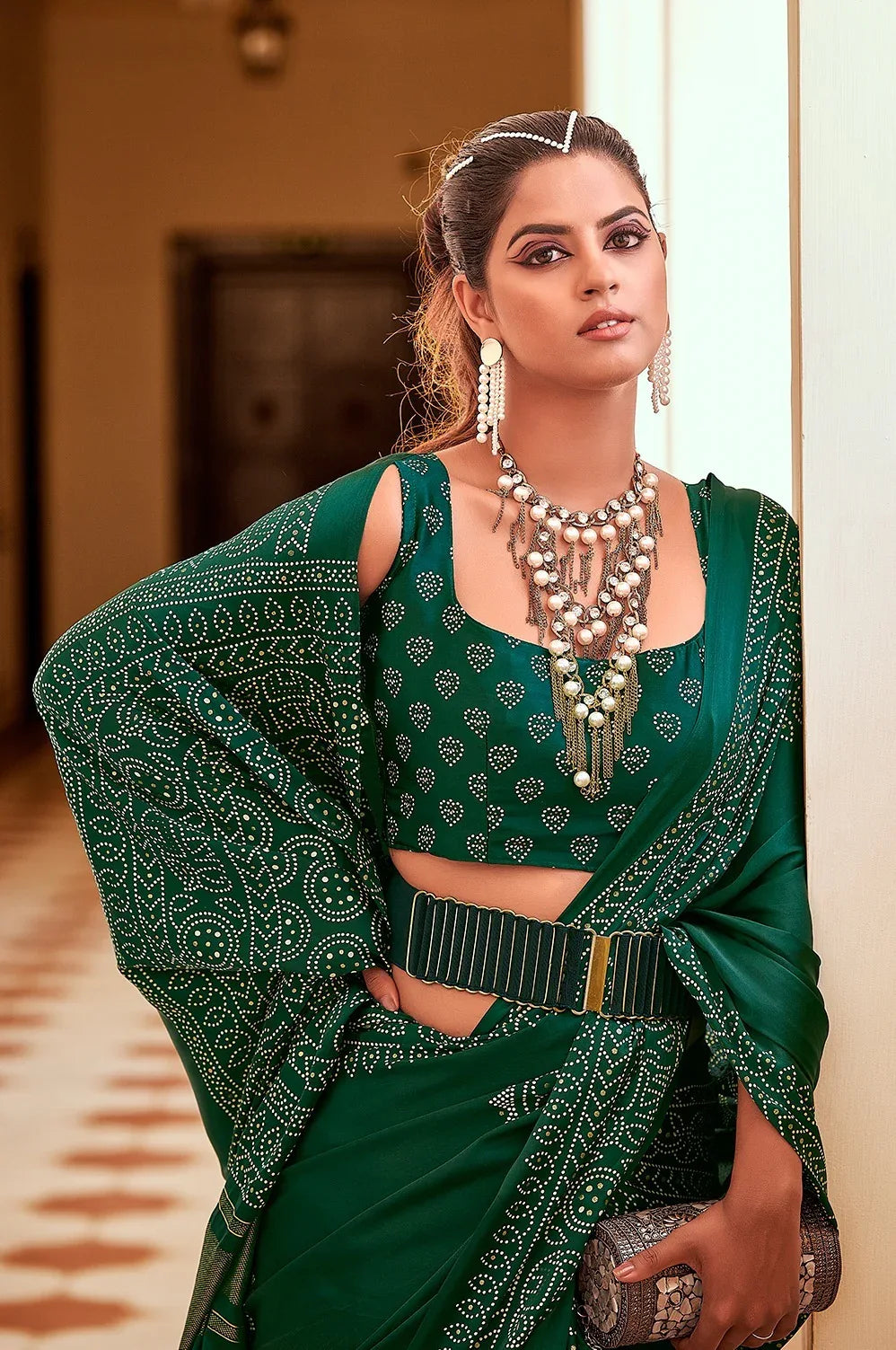 SAWARNA GAJI SATIN BANDHEJ PRINT SAREEE - Anant Exports
