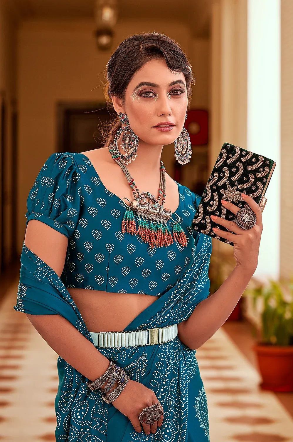 SAWARNA GAJI SATIN BANDHEJ PRINT SAREEE - Anant Exports