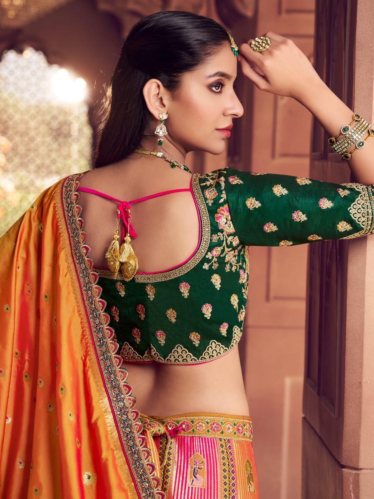 Orange Green Banarasi Silk Lehenga Choli