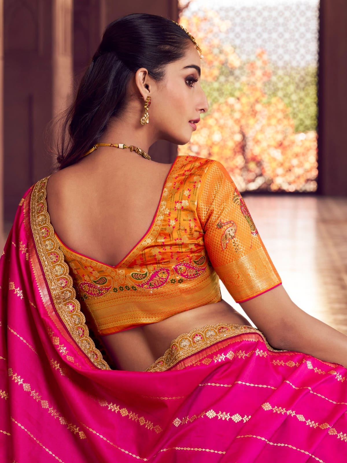 Pink & Mustard Banarasi Silk Lehenga Choli