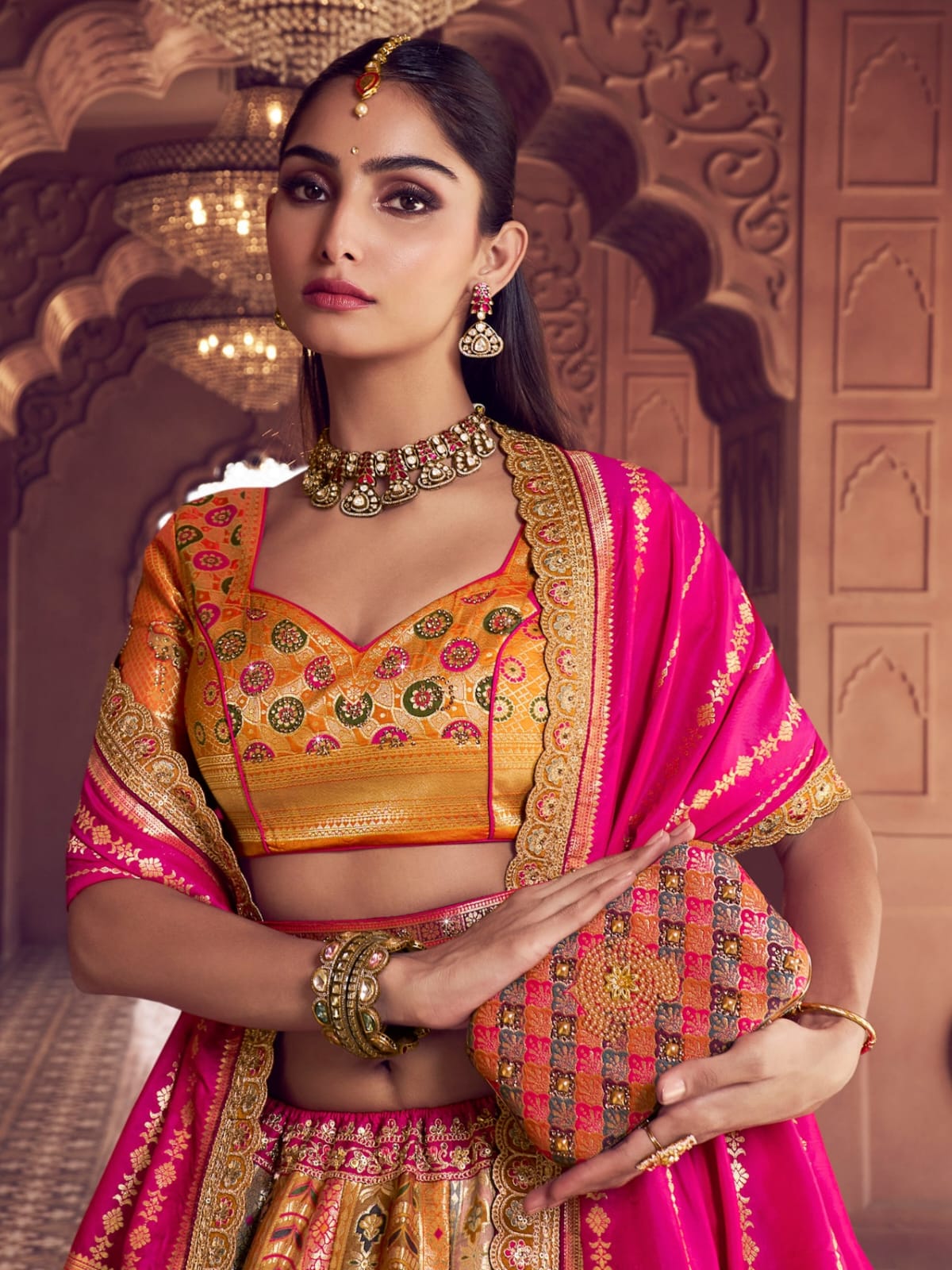 Pink & Mustard Banarasi Silk Lehenga Choli